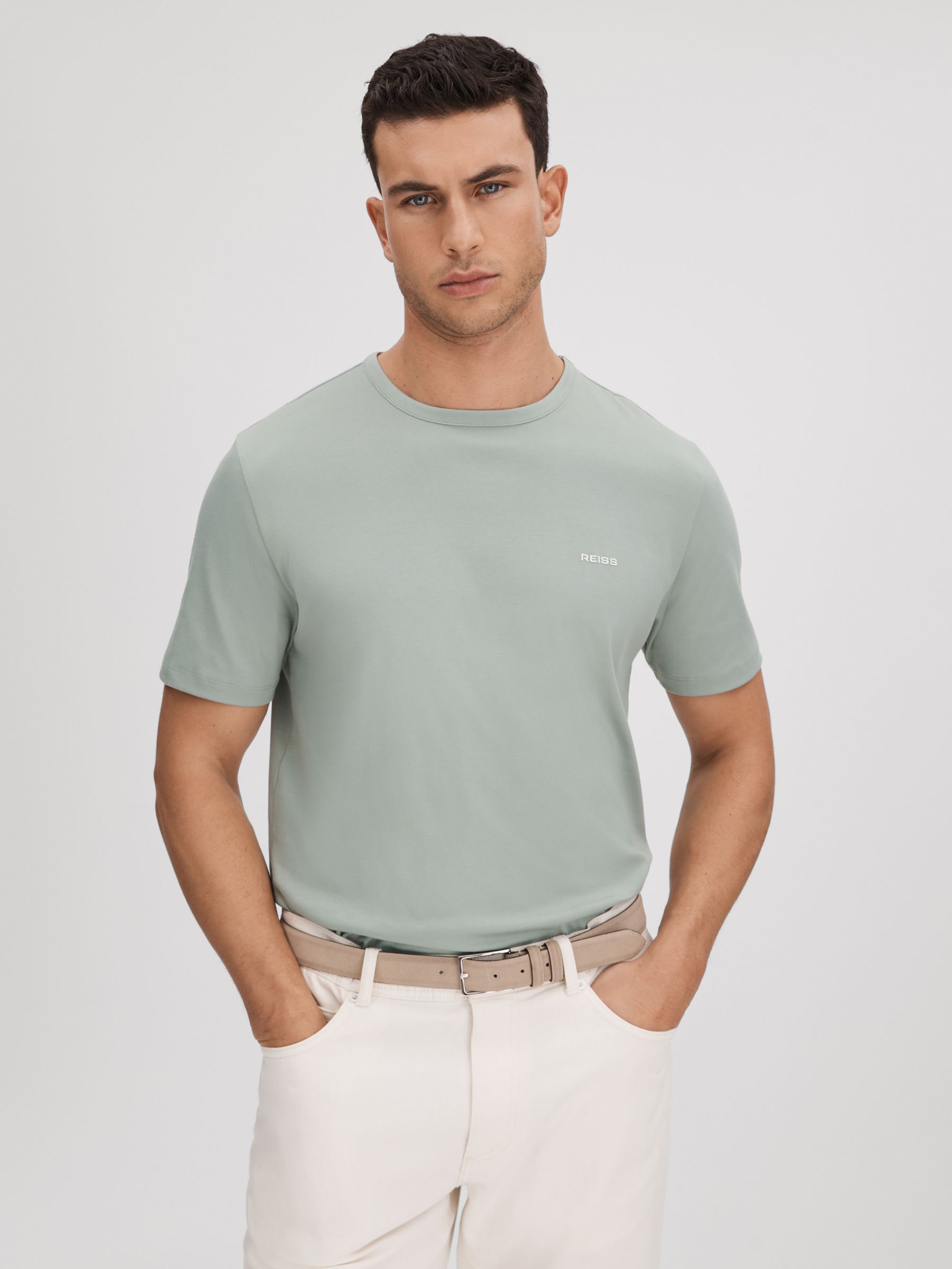 Slim Fit Cotton Crew T-Shirt in Sage - Image 1 of 6