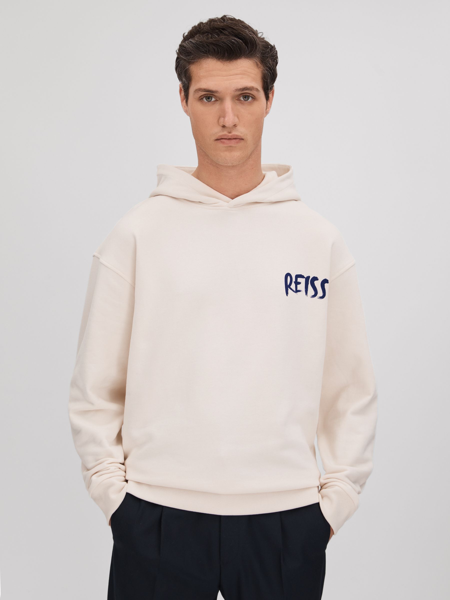 Cotton Relaxed Motif Hoodie in Ecru/Blue - Image 1 of 6