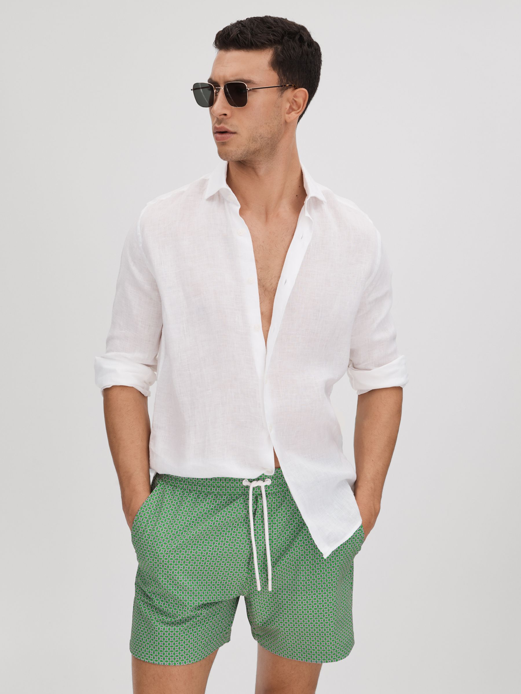 Printed Drawstring Swim Shorts in Bright Green/White - Image 4 of 6