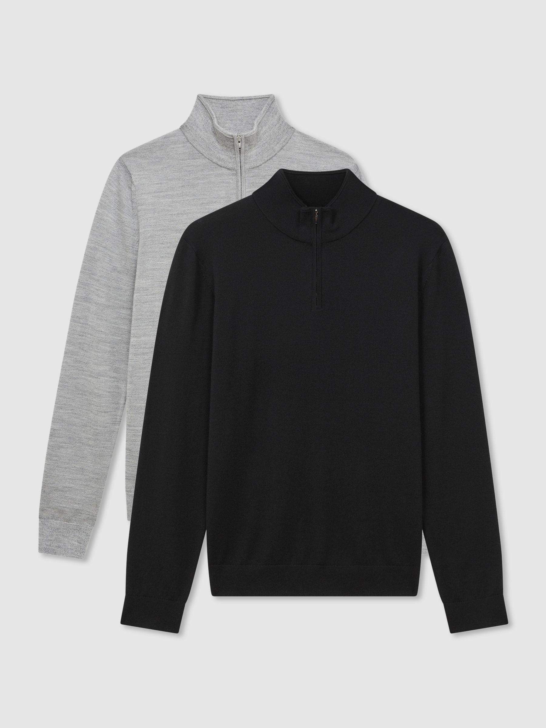 2 Pack Of Merino Wool Zip-Neck Jumpers in Black/Soft Grey - Image 1 of 7