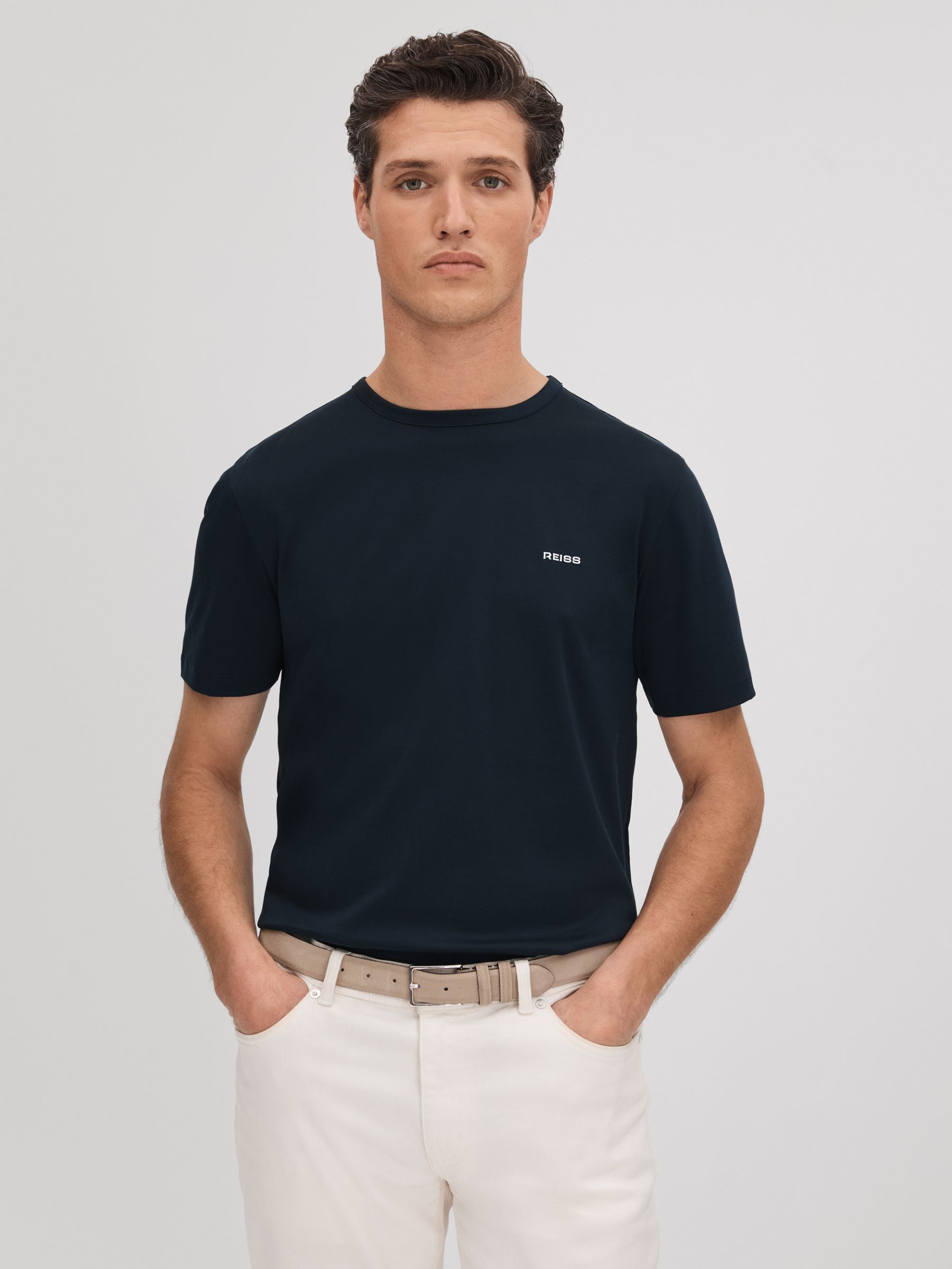 Slim Fit Cotton Crew T-Shirt in Navy - Image 1 of 6