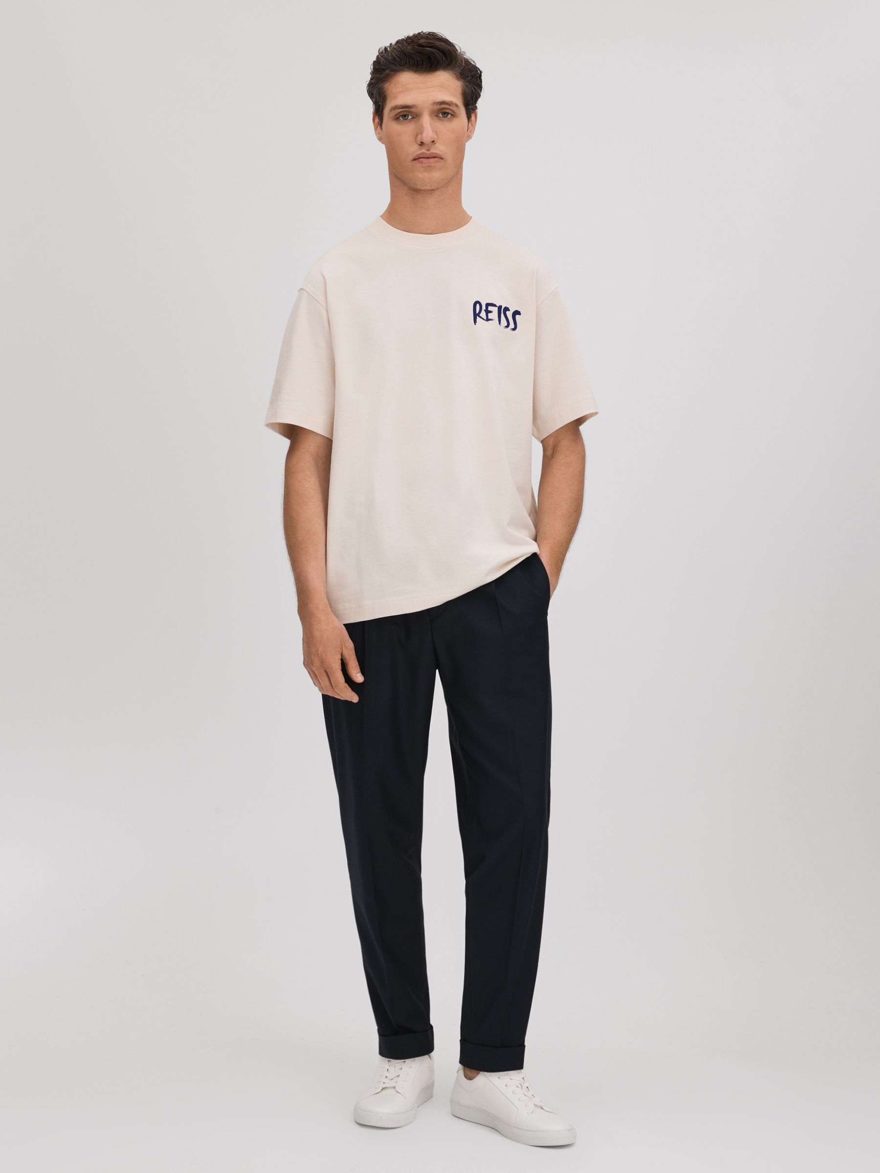 Cotton Motif T-Shirt in Ecru/Blue - Image 1 of 6