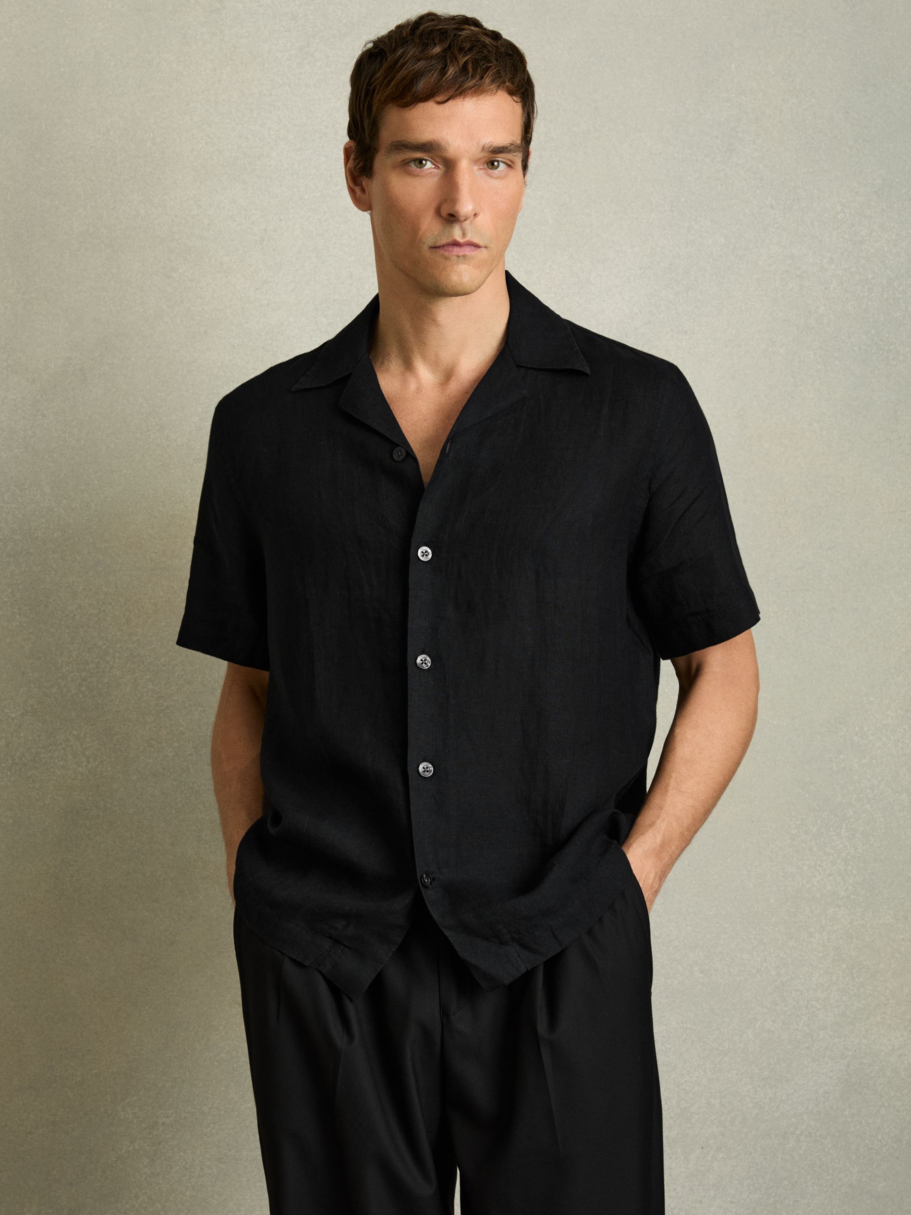 Relaxed Linen Cuban Collar Shirt in Black - Image 1 of 6