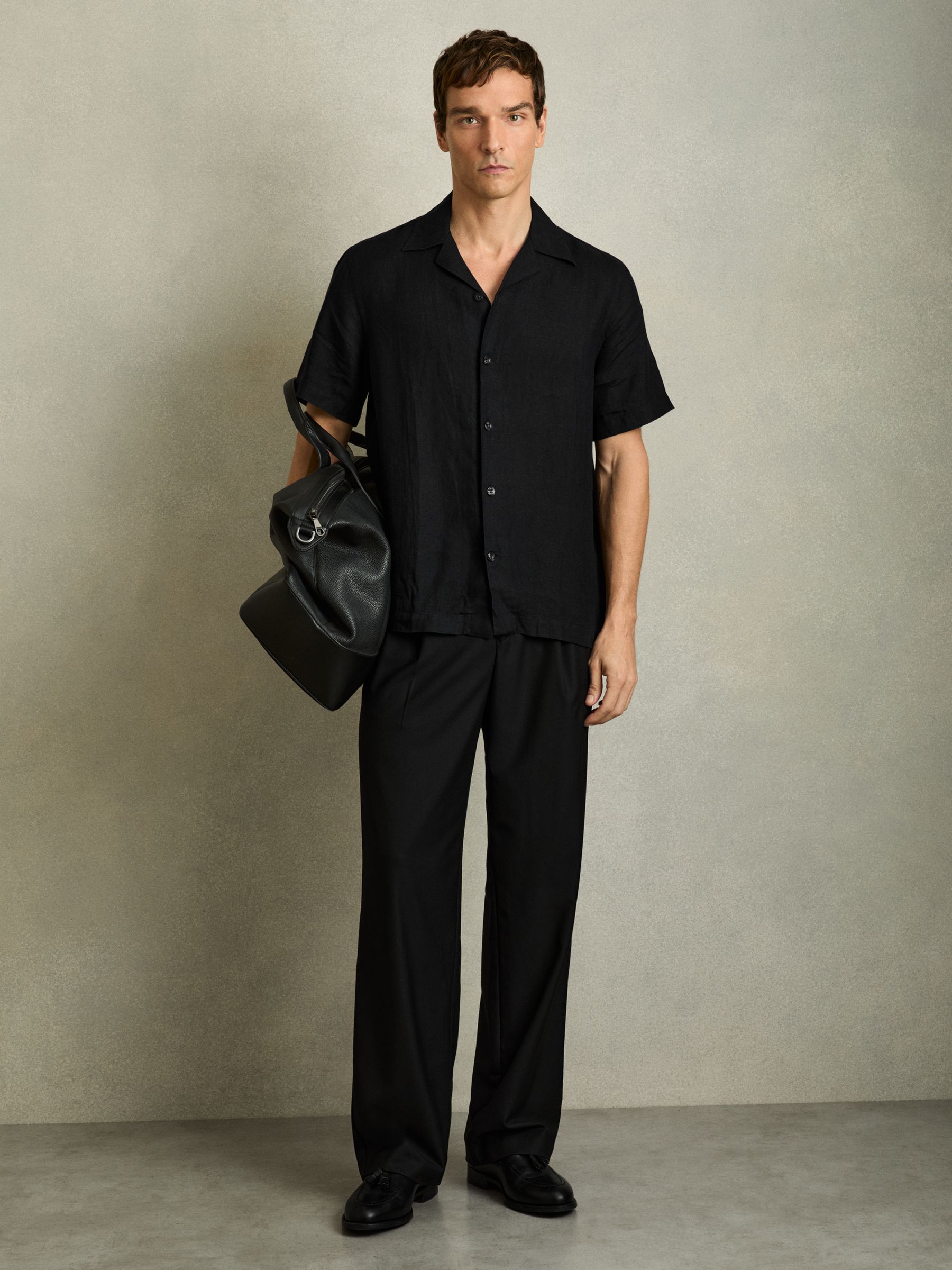 Relaxed Linen Cuban Collar Shirt in Black - Image 3 of 6