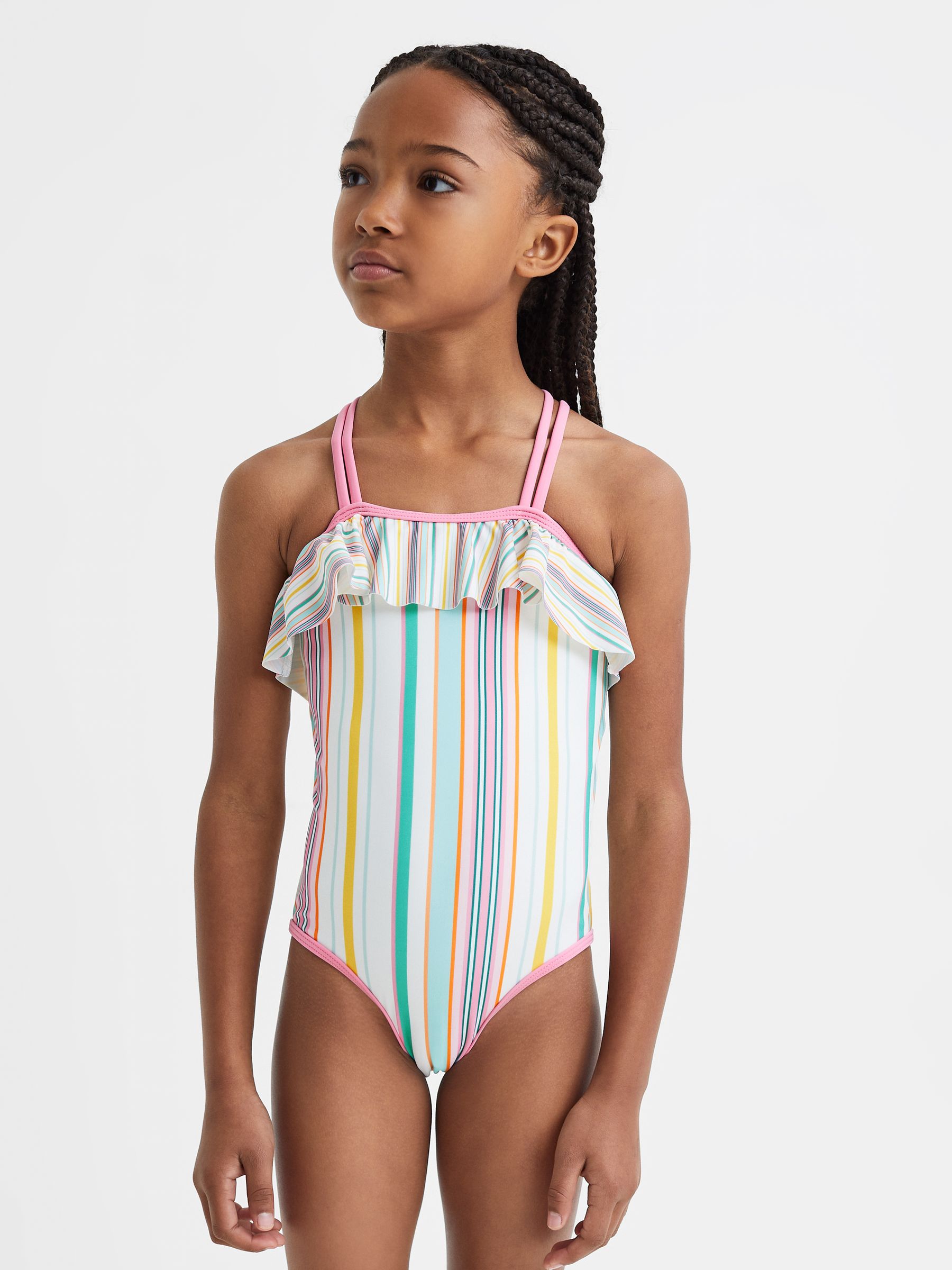4-9 yrs Striped Frilly Cross-Back Swimsuit in Multi - Image 1 of 6 4-9 yrs Striped Frilly Cross-Back Swimsuit in Multi - Image 1 of 6