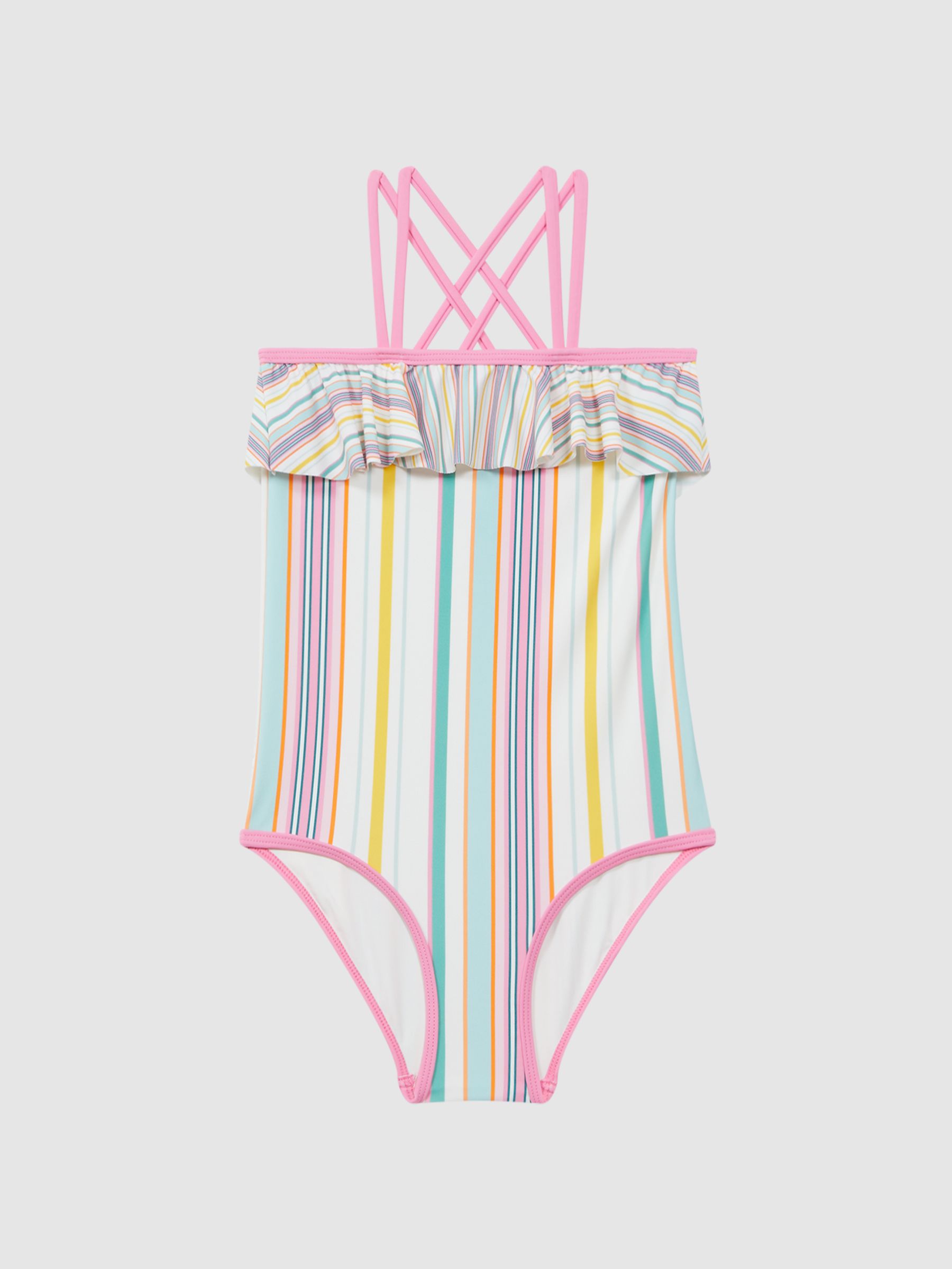 4-9 yrs Striped Frilly Cross-Back Swimsuit in Multi - Image 2 of 6 4-9 yrs Striped Frilly Cross-Back Swimsuit in Multi - Image 2 of 6