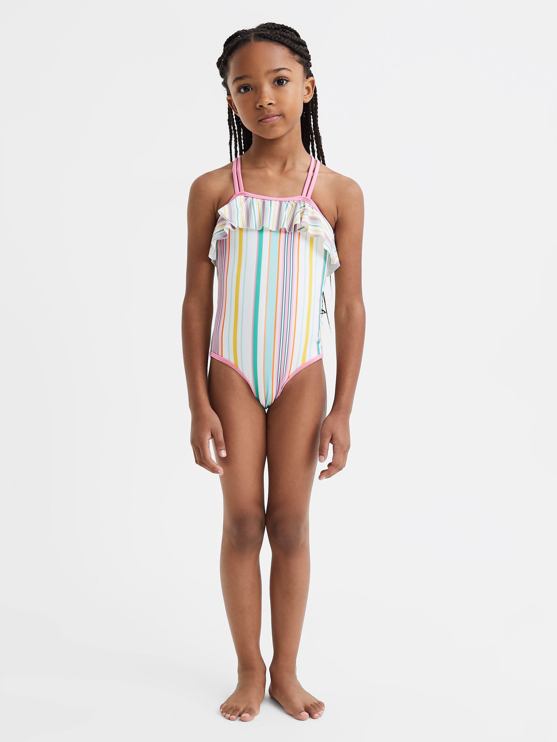 9-13 yrs Striped Frilly Cross-Back Swimsuit in Multi - Image 1 of 6
