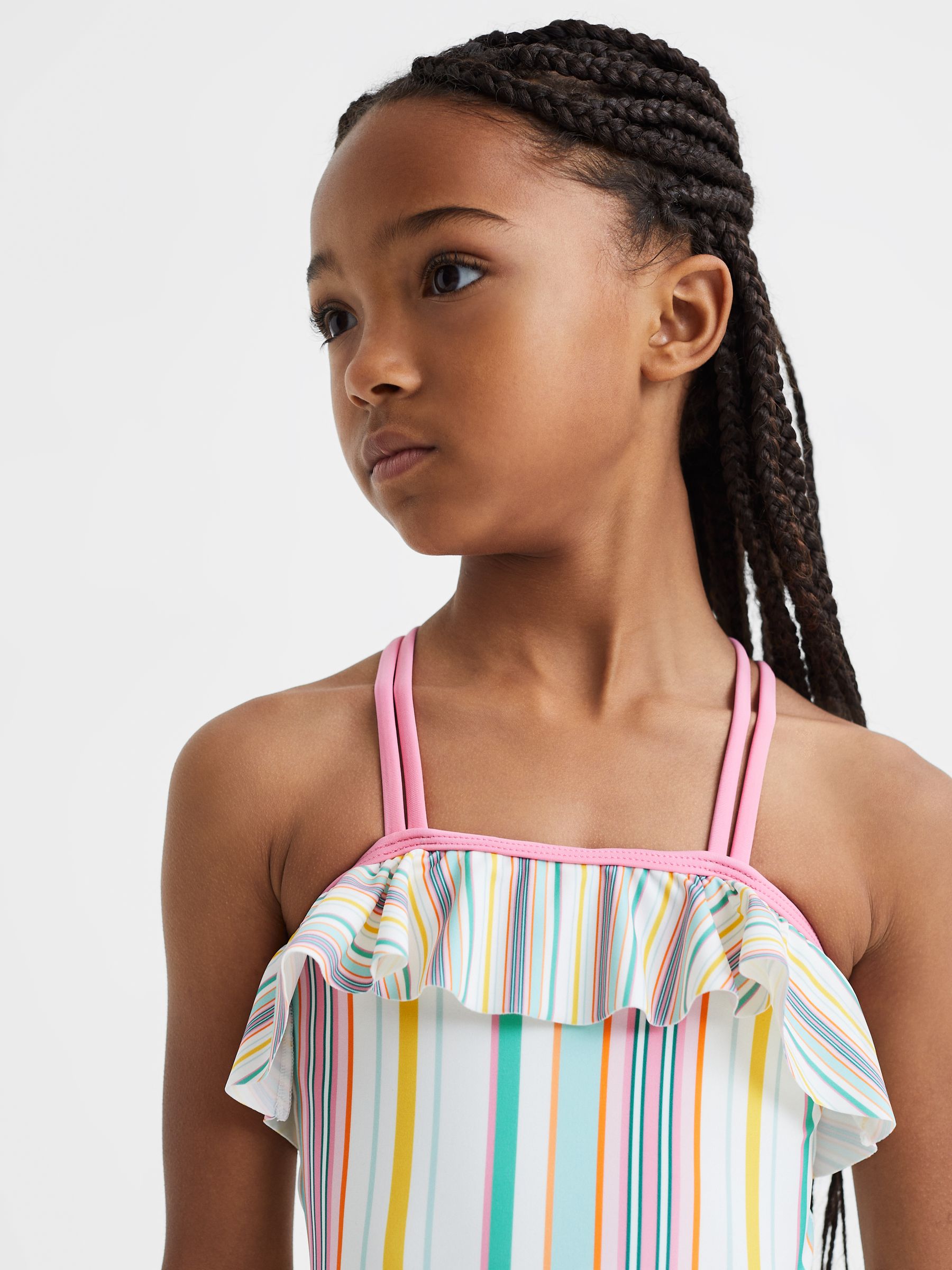 9-13 yrs Striped Frilly Cross-Back Swimsuit in Multi - Image 4 of 6