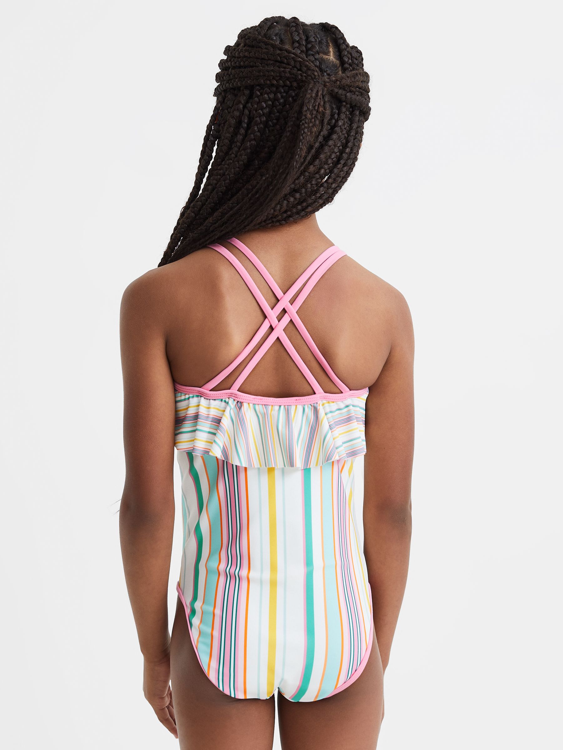 9-13 yrs Striped Frilly Cross-Back Swimsuit in Multi - Image 5 of 6