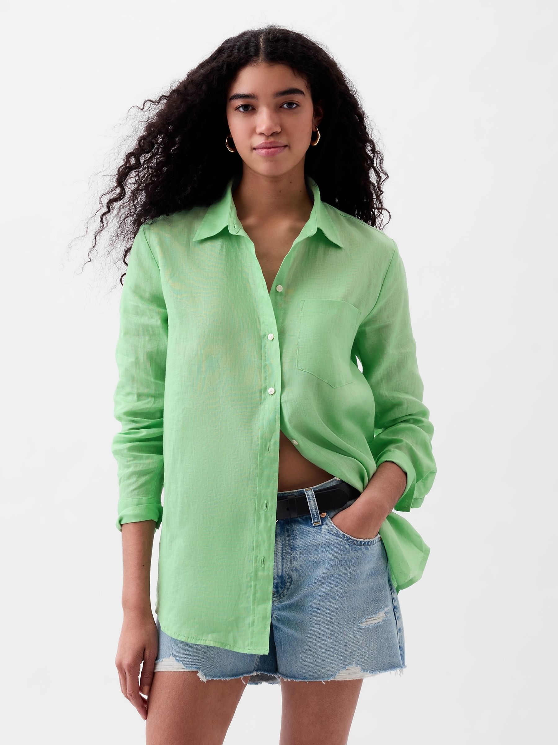 Green 100% Linen Long Sleeve Oversized Shirt - Image 1 of 4