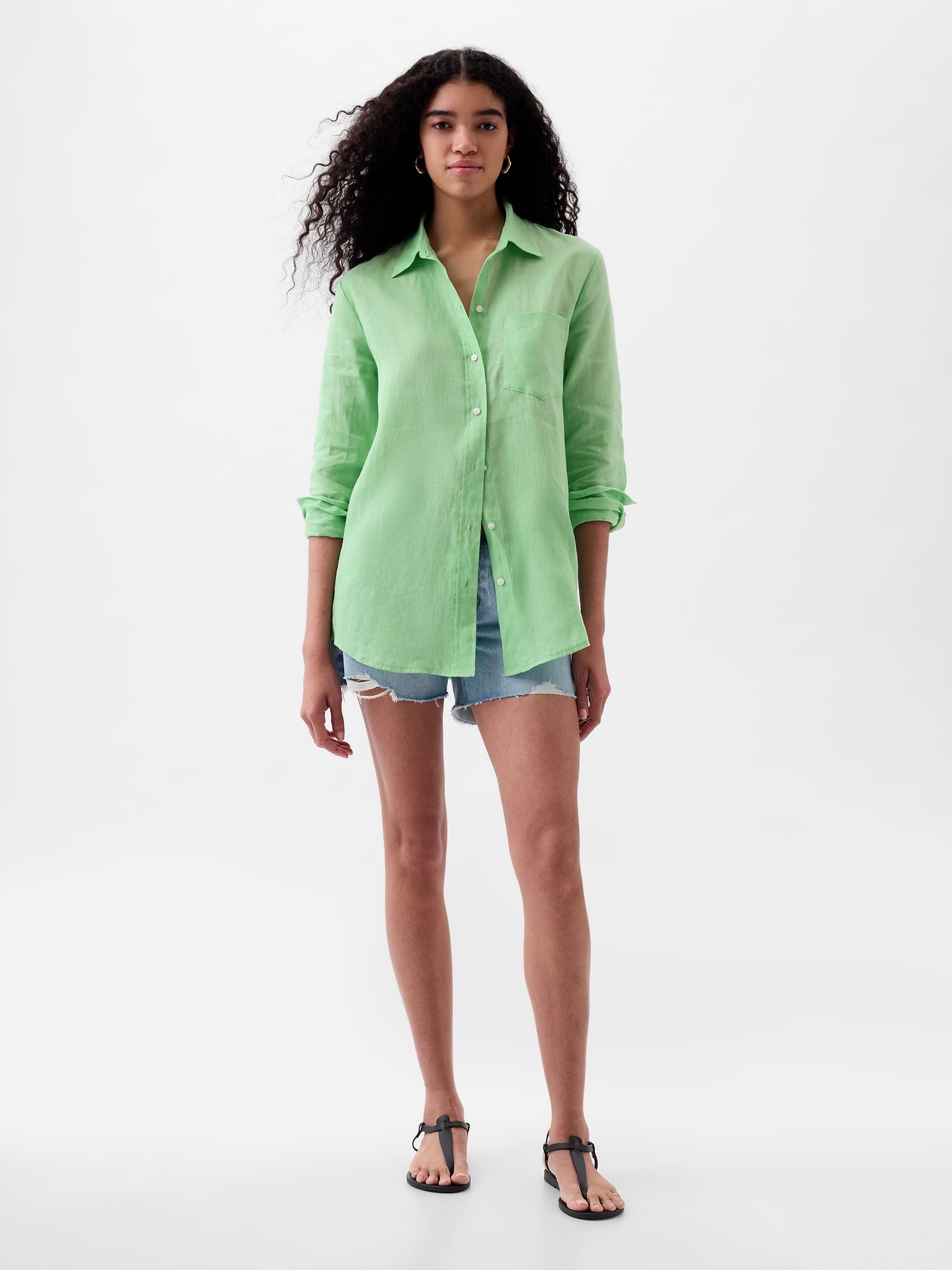 Green 100% Linen Long Sleeve Oversized Shirt - Image 3 of 4