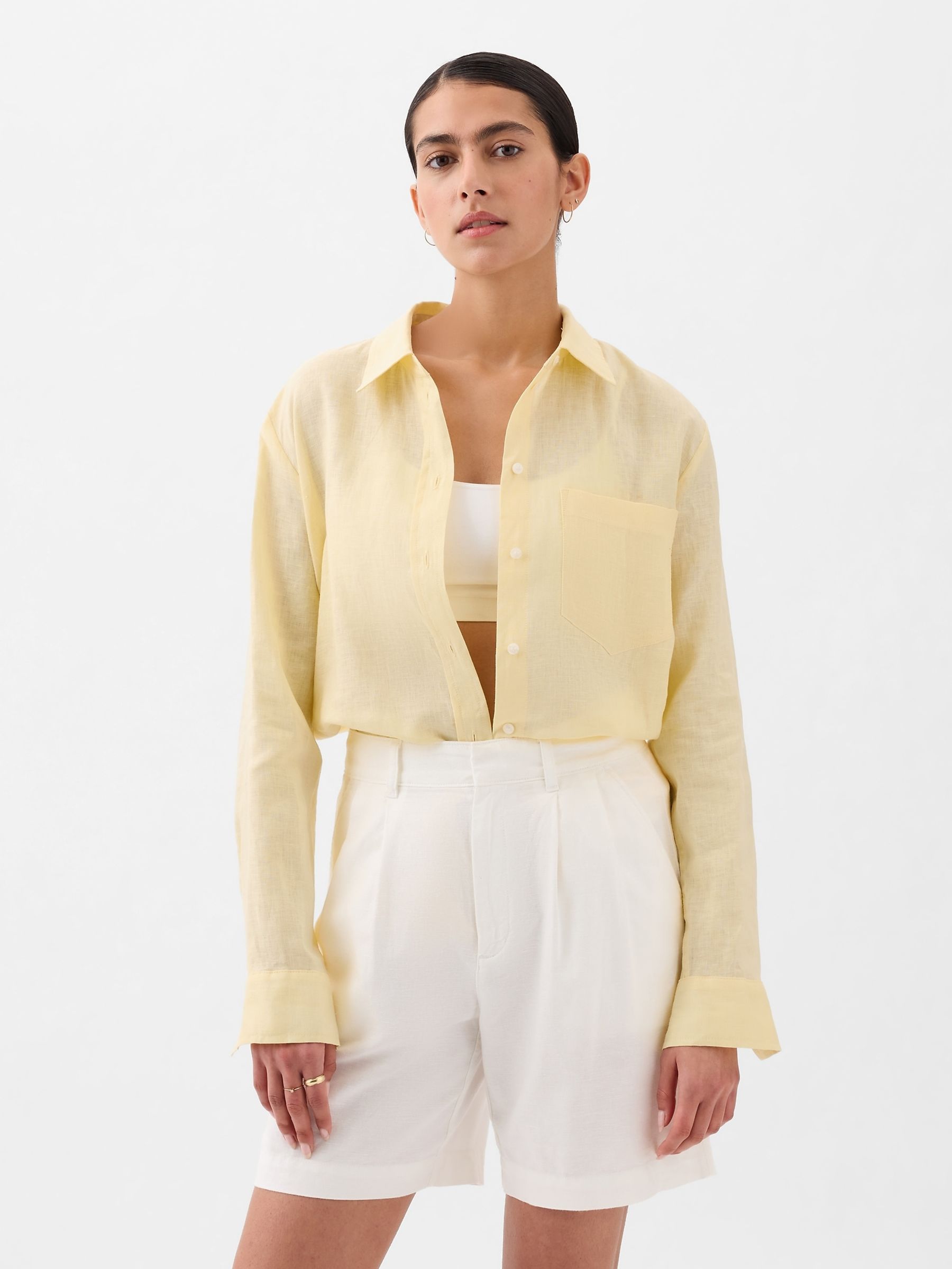 Yellow 100% Linen Long Sleeve Oversized Shirt - Image 1 of 4