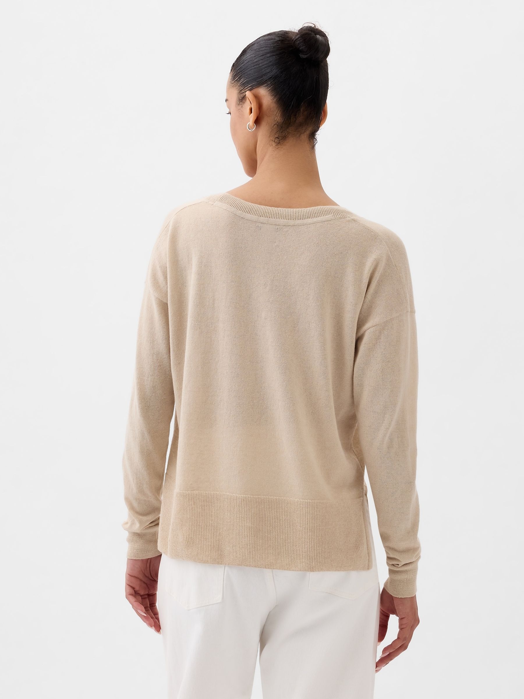 Beige Linen Blend V Neck Split Hem Jumper - Image 2 of 5