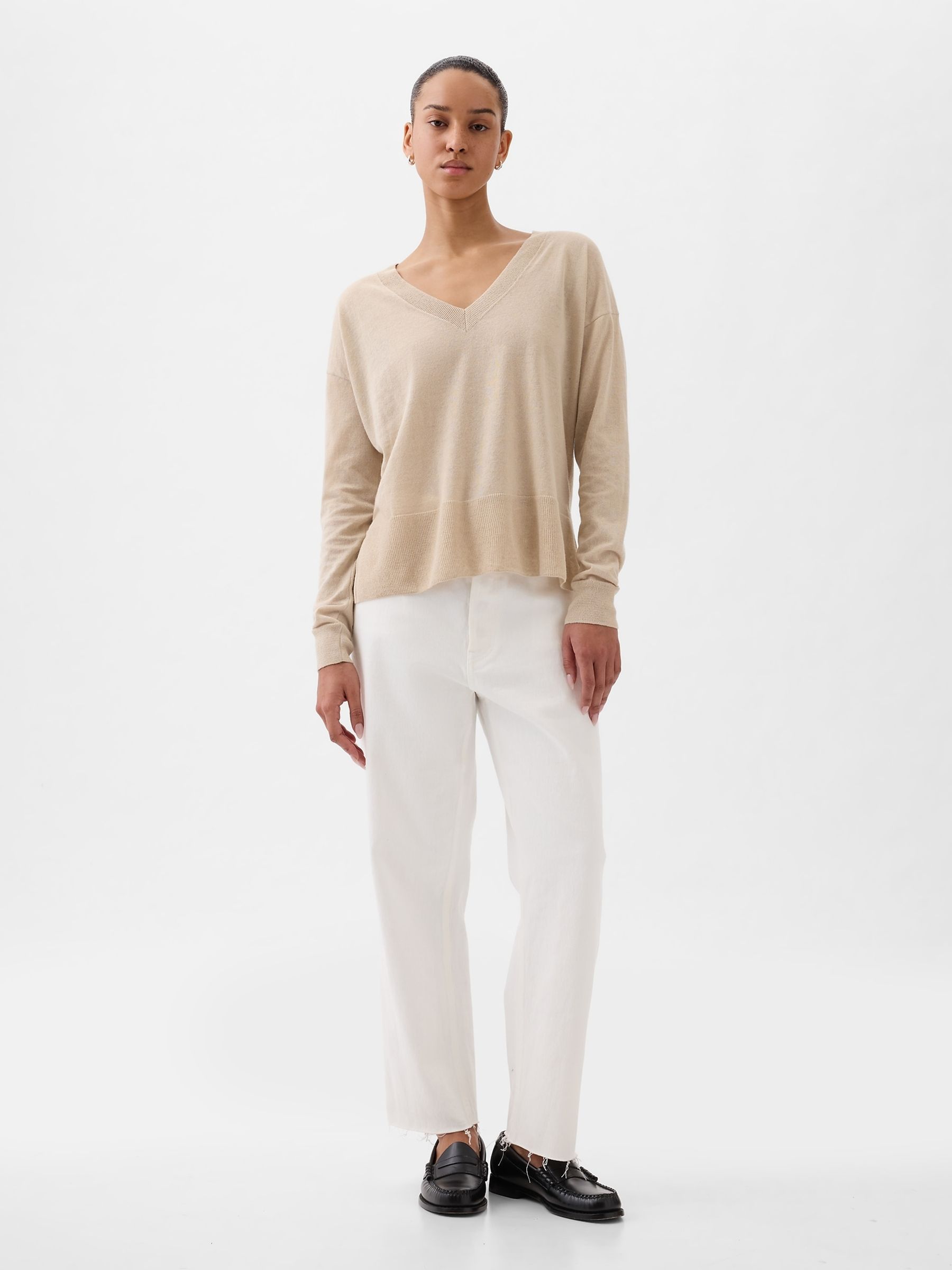 Beige Linen Blend V Neck Split Hem Jumper - Image 3 of 5