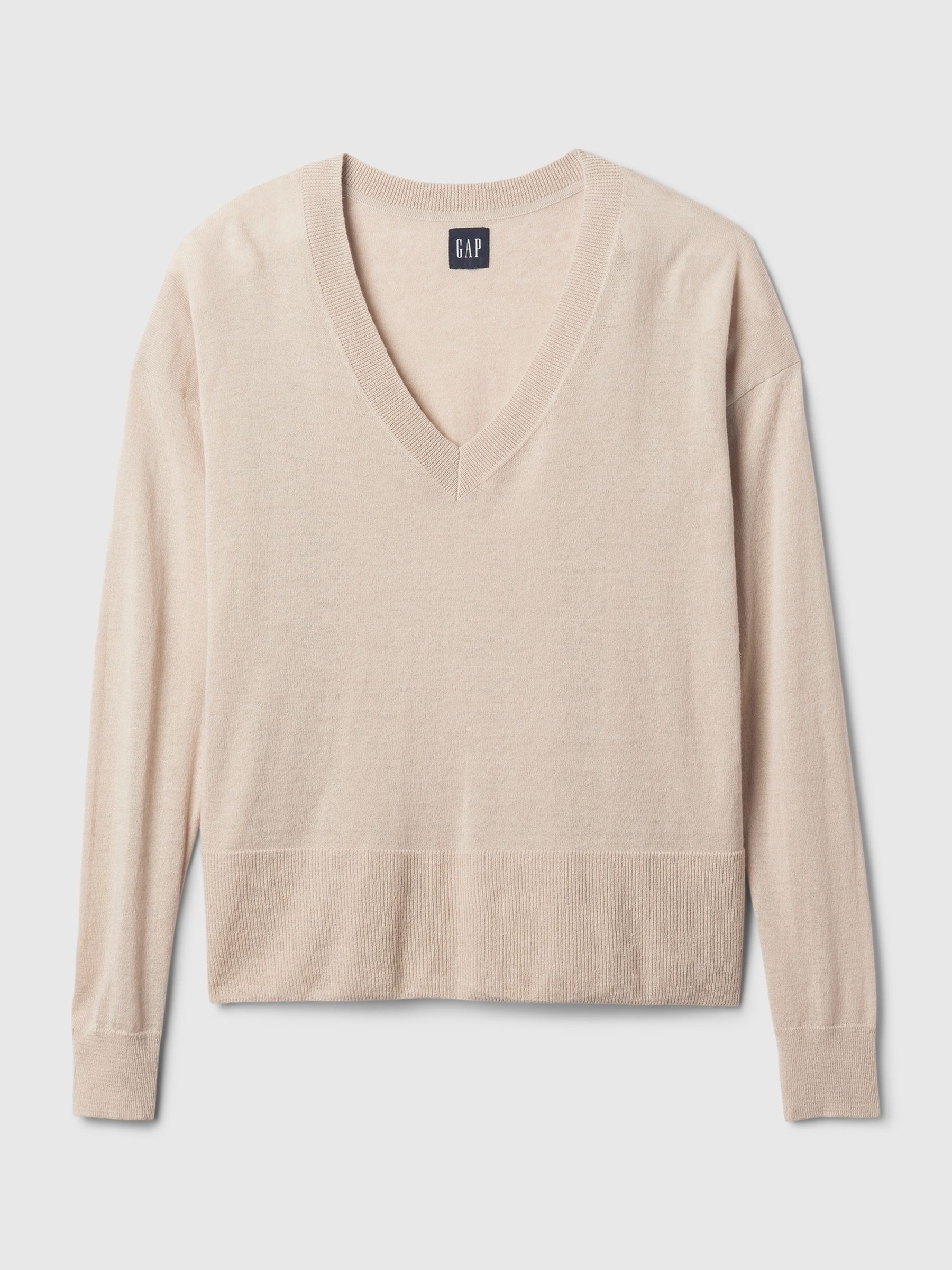 Beige Linen Blend V Neck Split Hem Jumper - Image 5 of 5