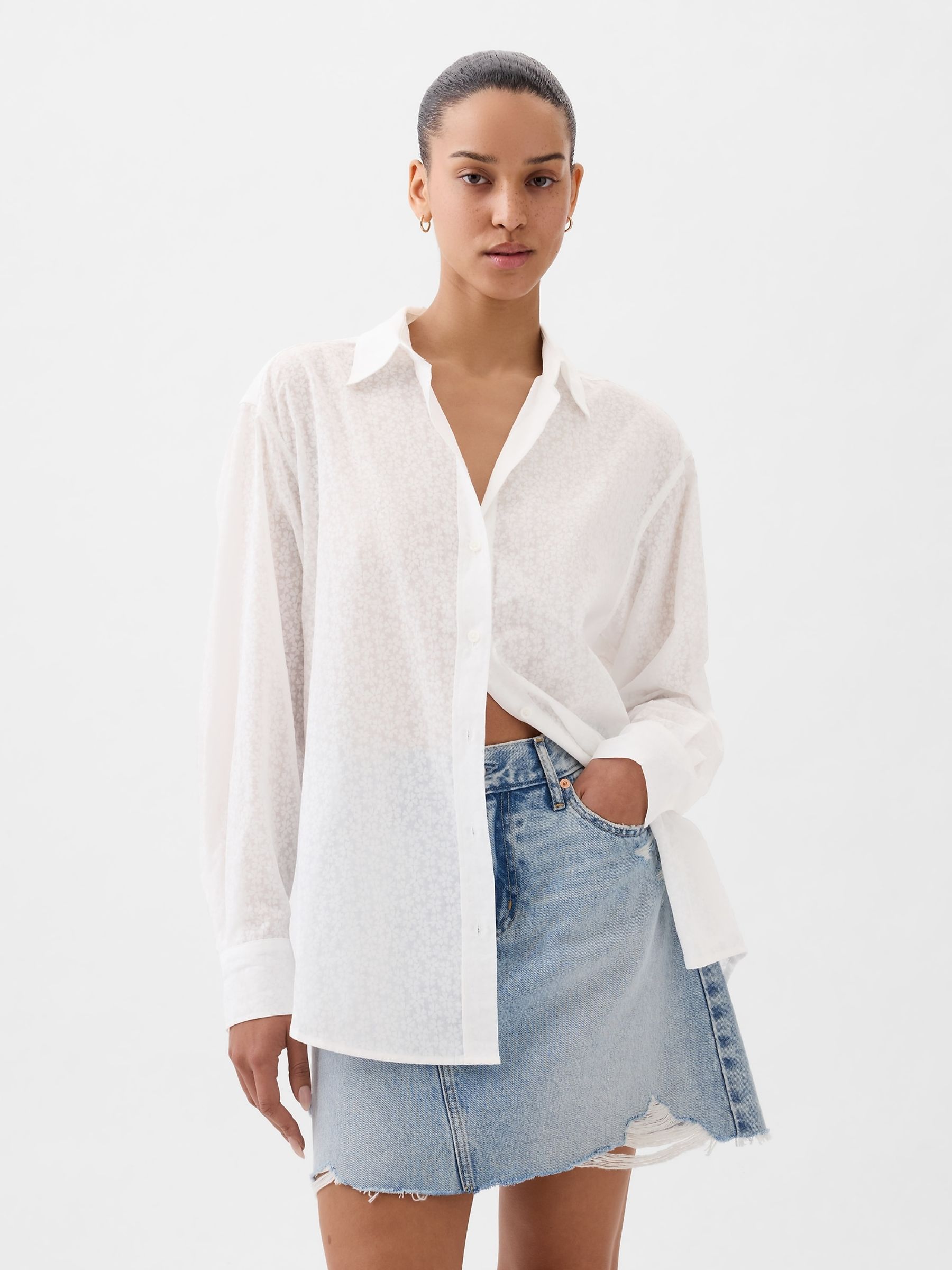 White Sheer Floral Oversized Shirt - Image 1 of 4