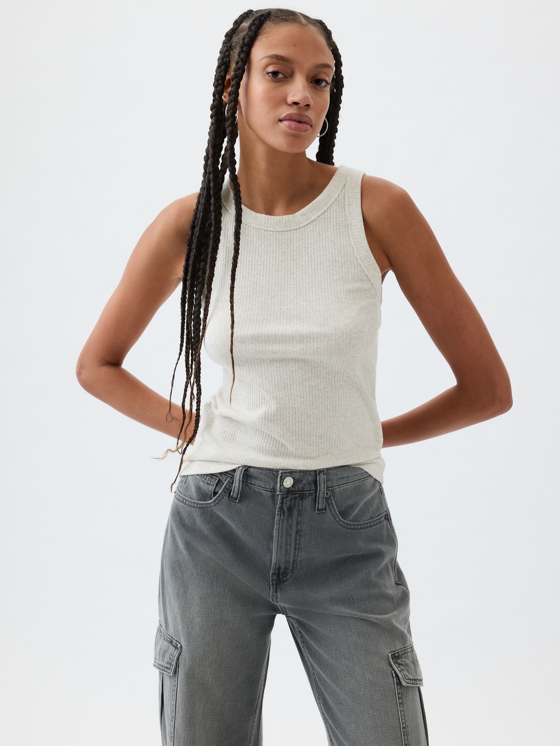 Grey Ribbed Racer High Neck Vest Top - Image 1 of 2