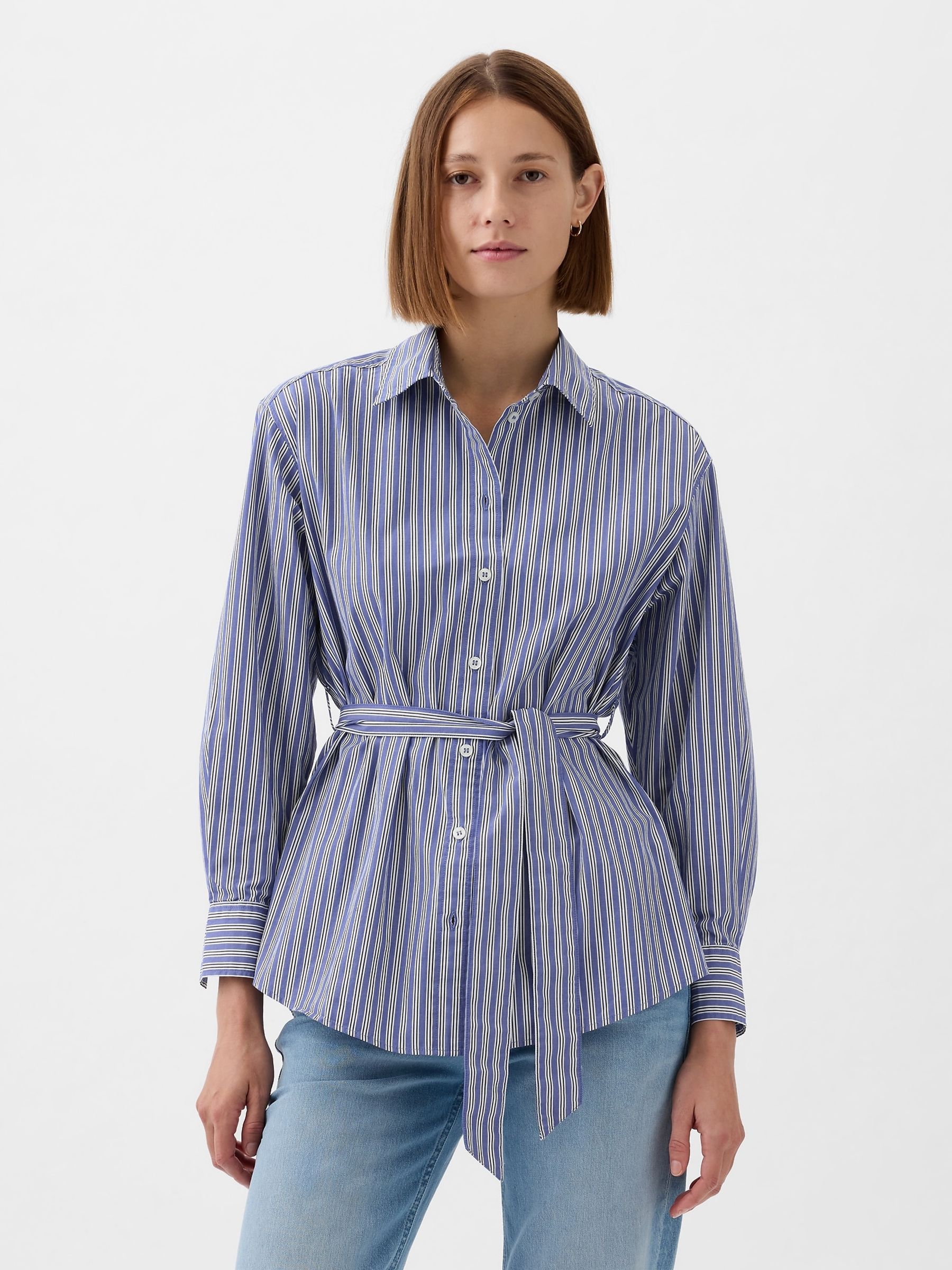 Blue Stripe Organic Cotton Belted Oversized Shirt - Image 1 of 5