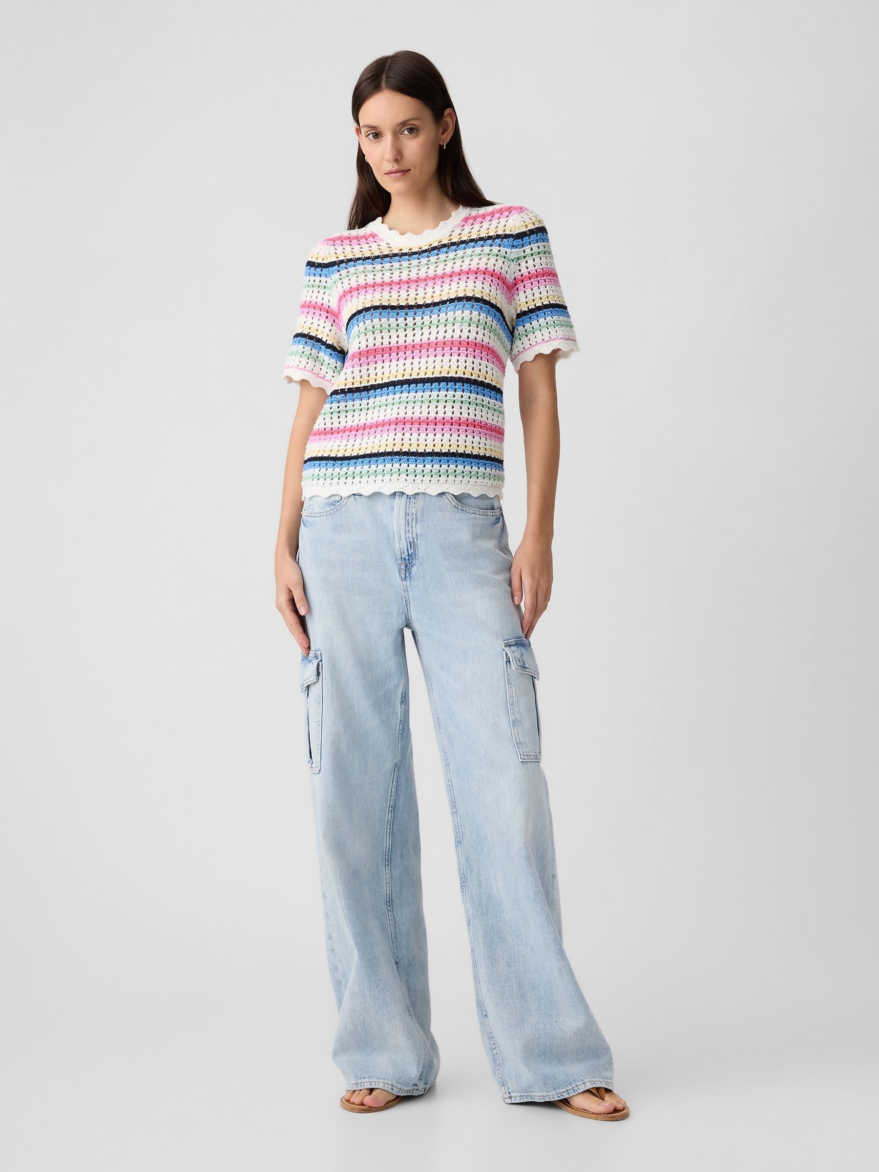 Cream Stripe Crochet Short Sleeve Knit T-Shirt - Image 1 of 4