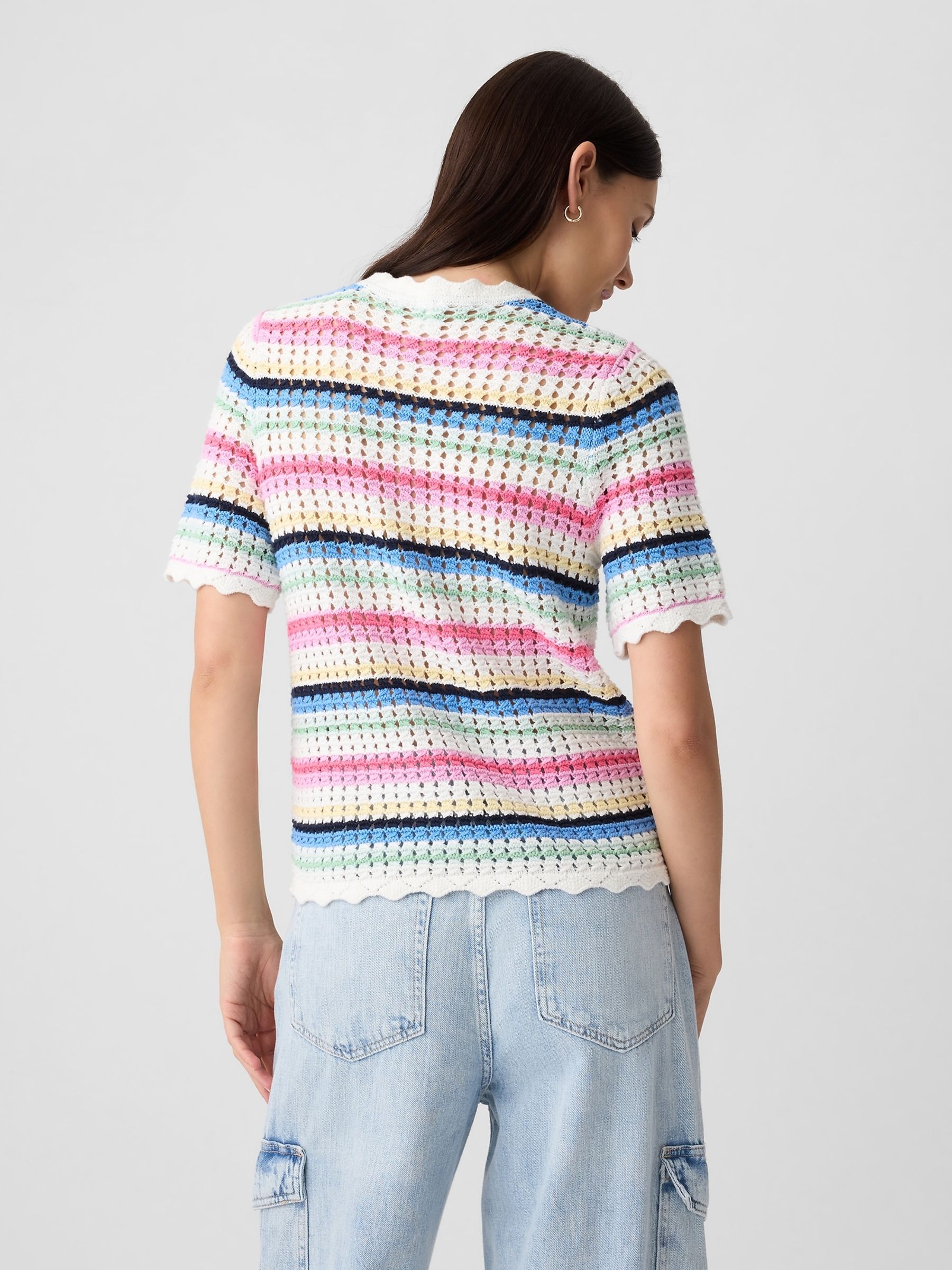 Cream Stripe Crochet Short Sleeve Knit T-Shirt - Image 2 of 4