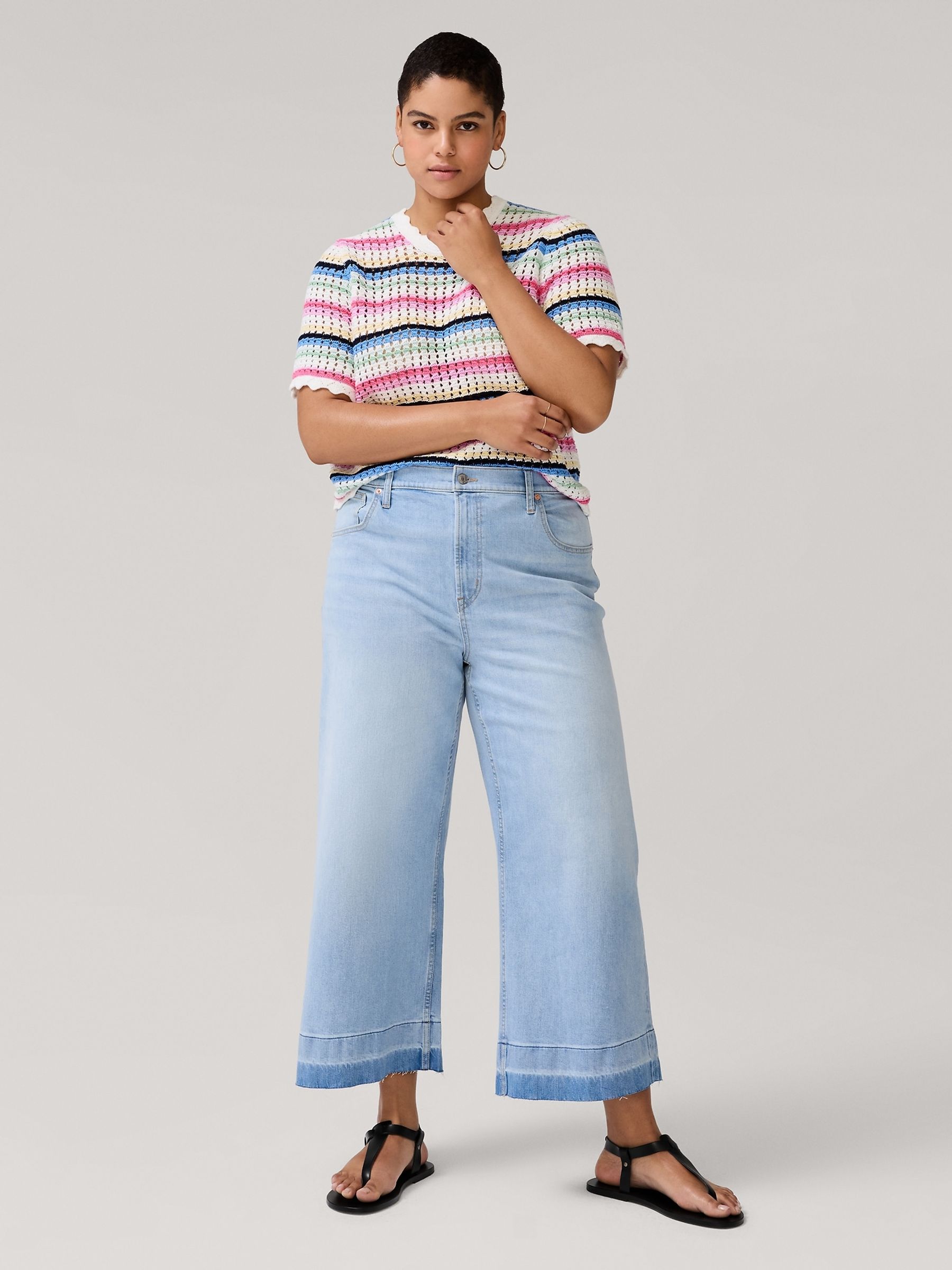 Cream Stripe Crochet Short Sleeve Knit T-Shirt - Image 3 of 4