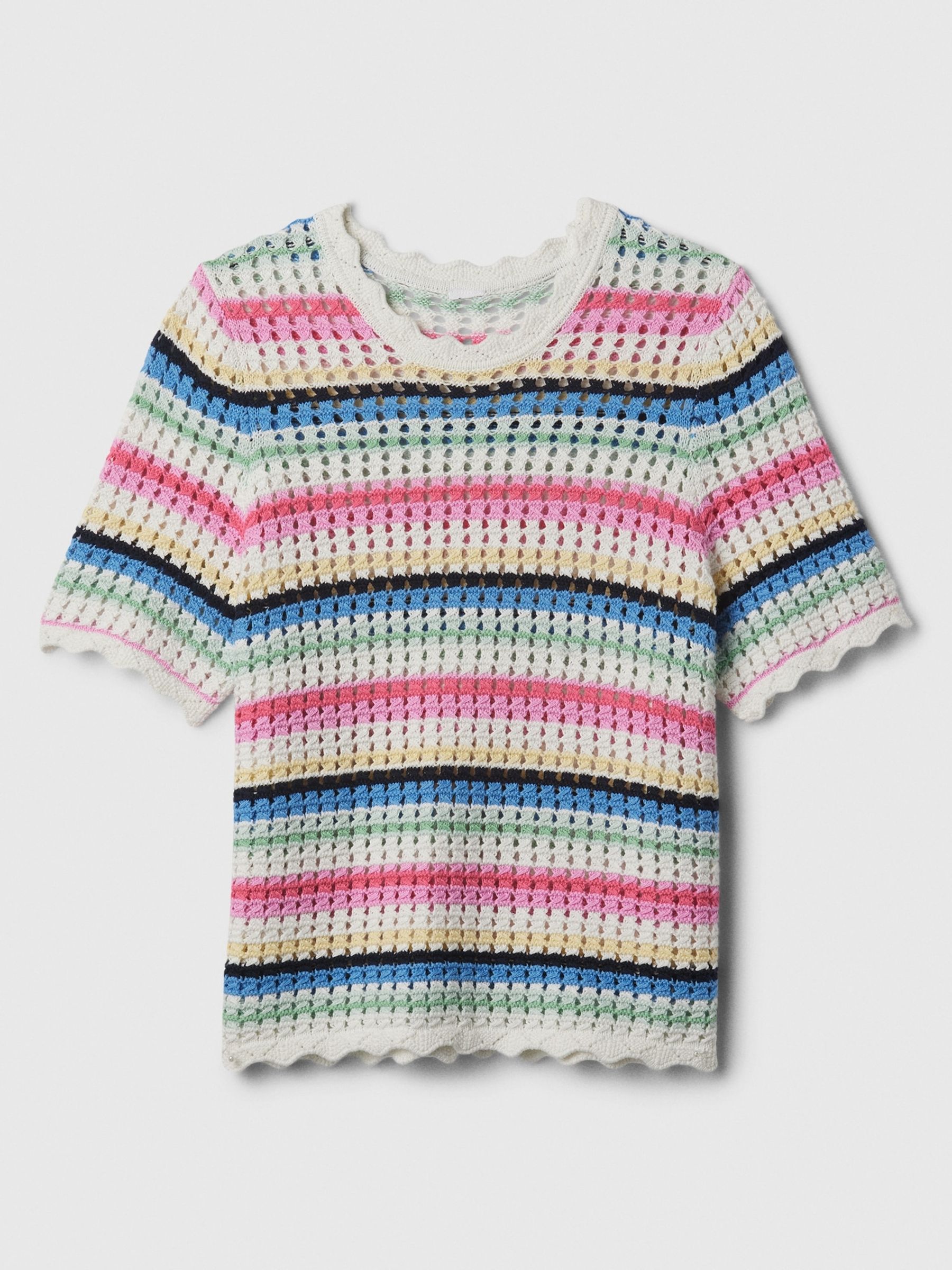Cream Stripe Crochet Short Sleeve Knit T-Shirt - Image 4 of 4