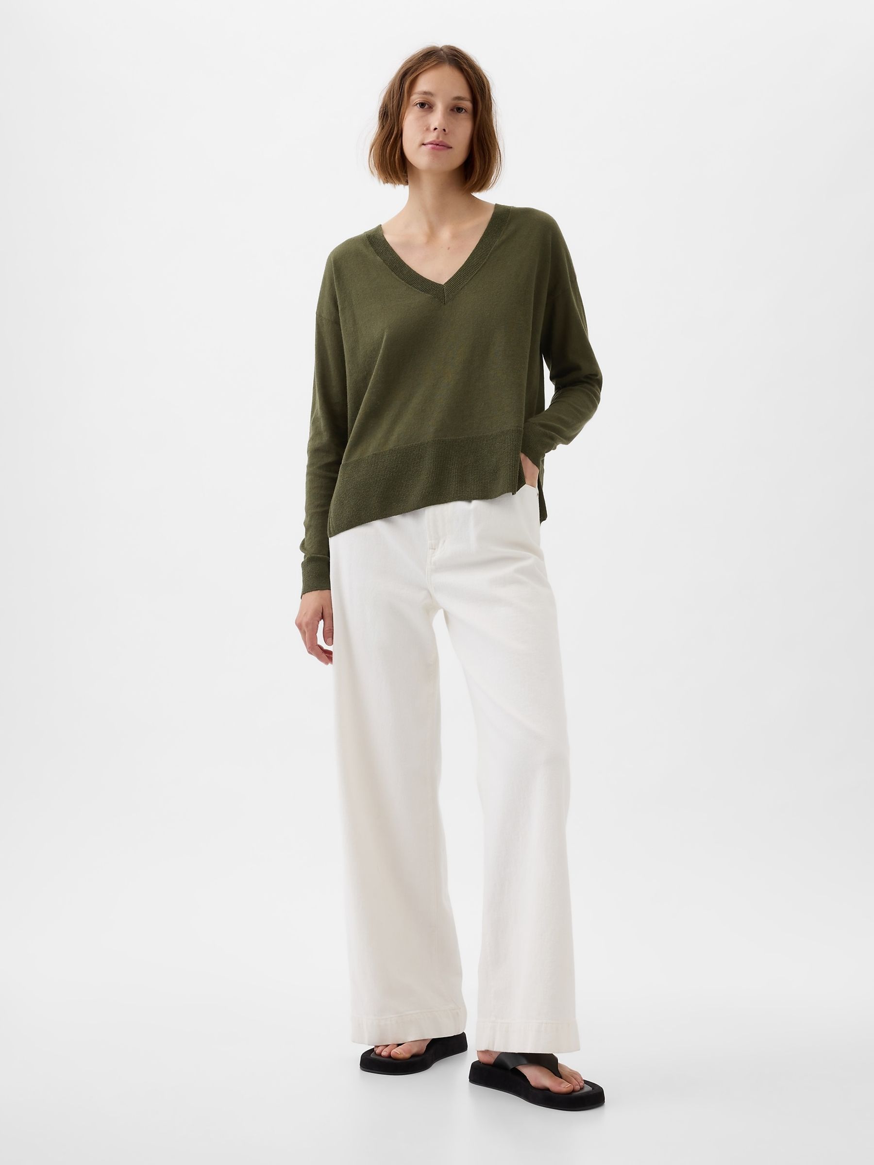 Green Linen Blend V Neck Split Hem Jumper - Image 3 of 5
