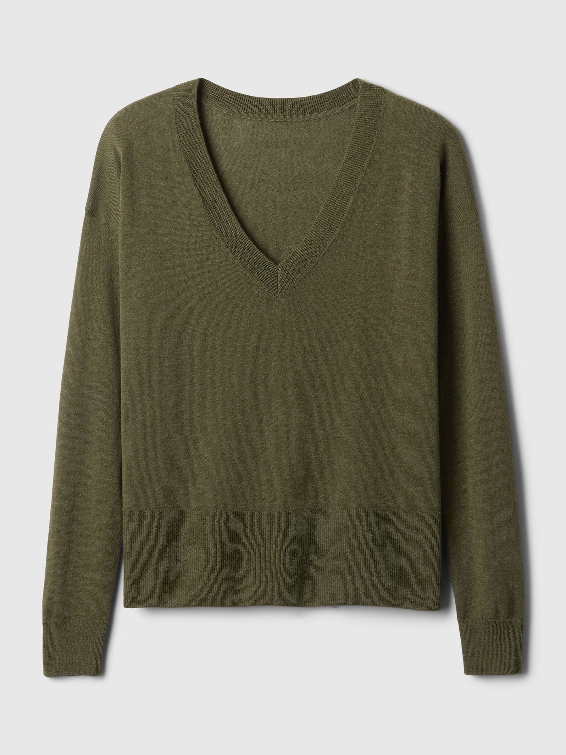 Green Linen Blend V Neck Split Hem Jumper - Image 5 of 5