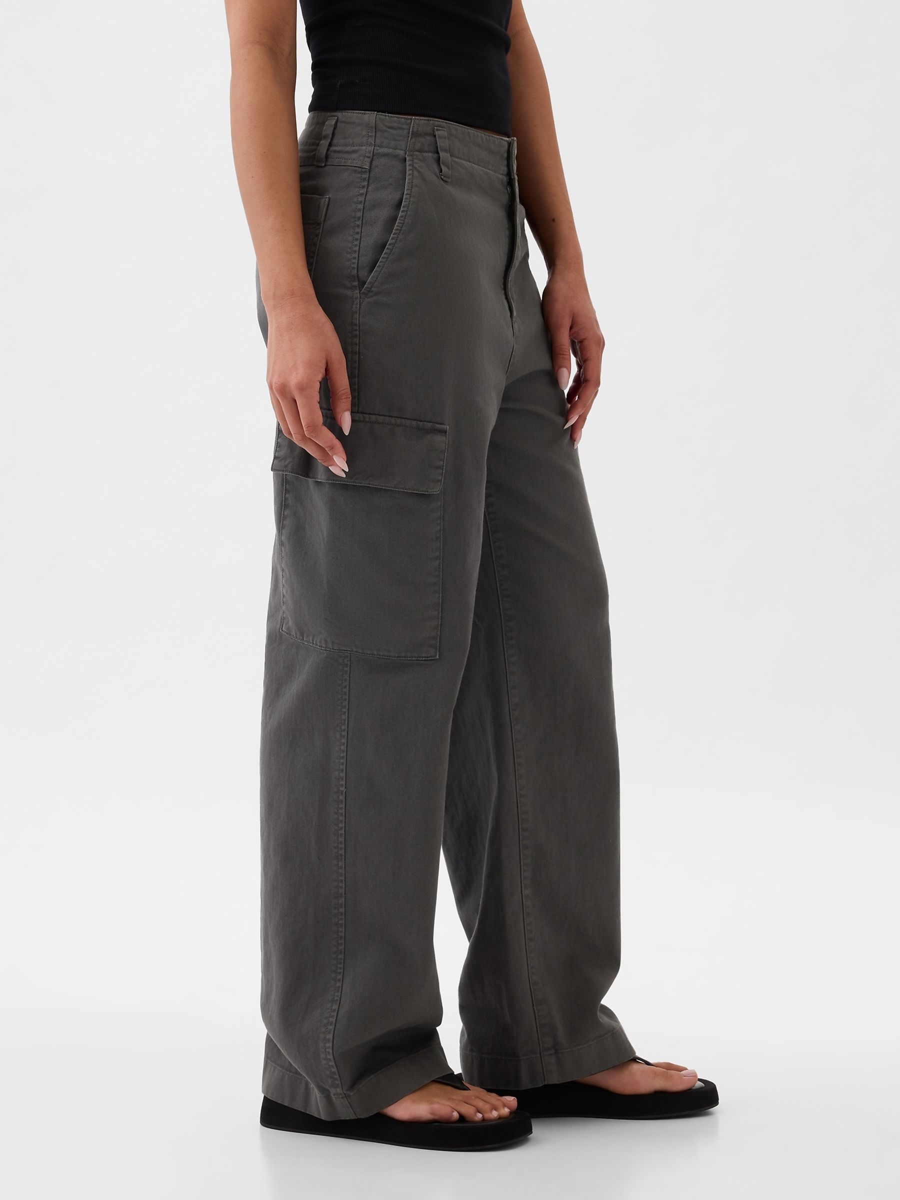 Grey Loose Cotton Chino Cargo Trousers - Image 5 of 5