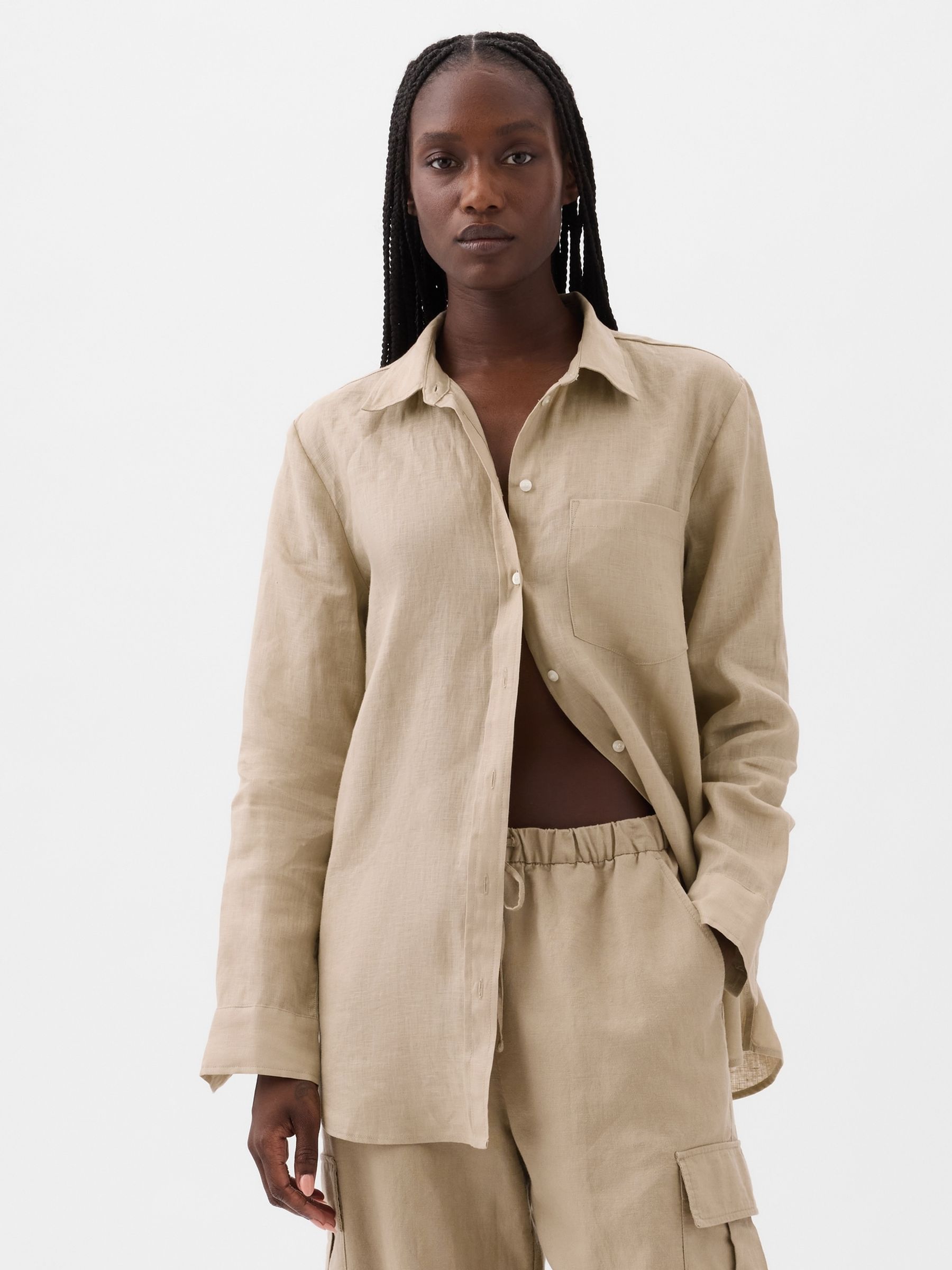 Brown 100% Linen Long Sleeve Oversized Shirt - Image 3 of 6