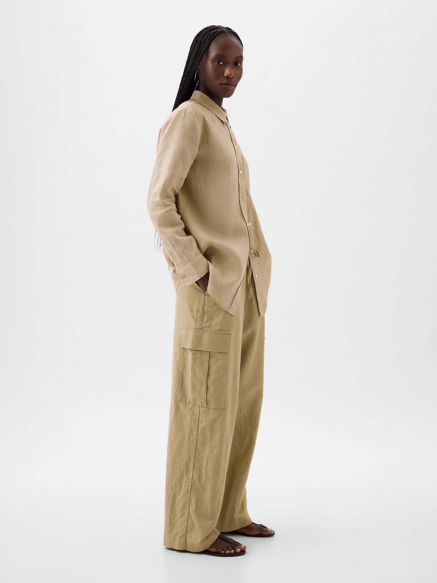 Brown 100% Linen Long Sleeve Oversized Shirt - Image 4 of 6