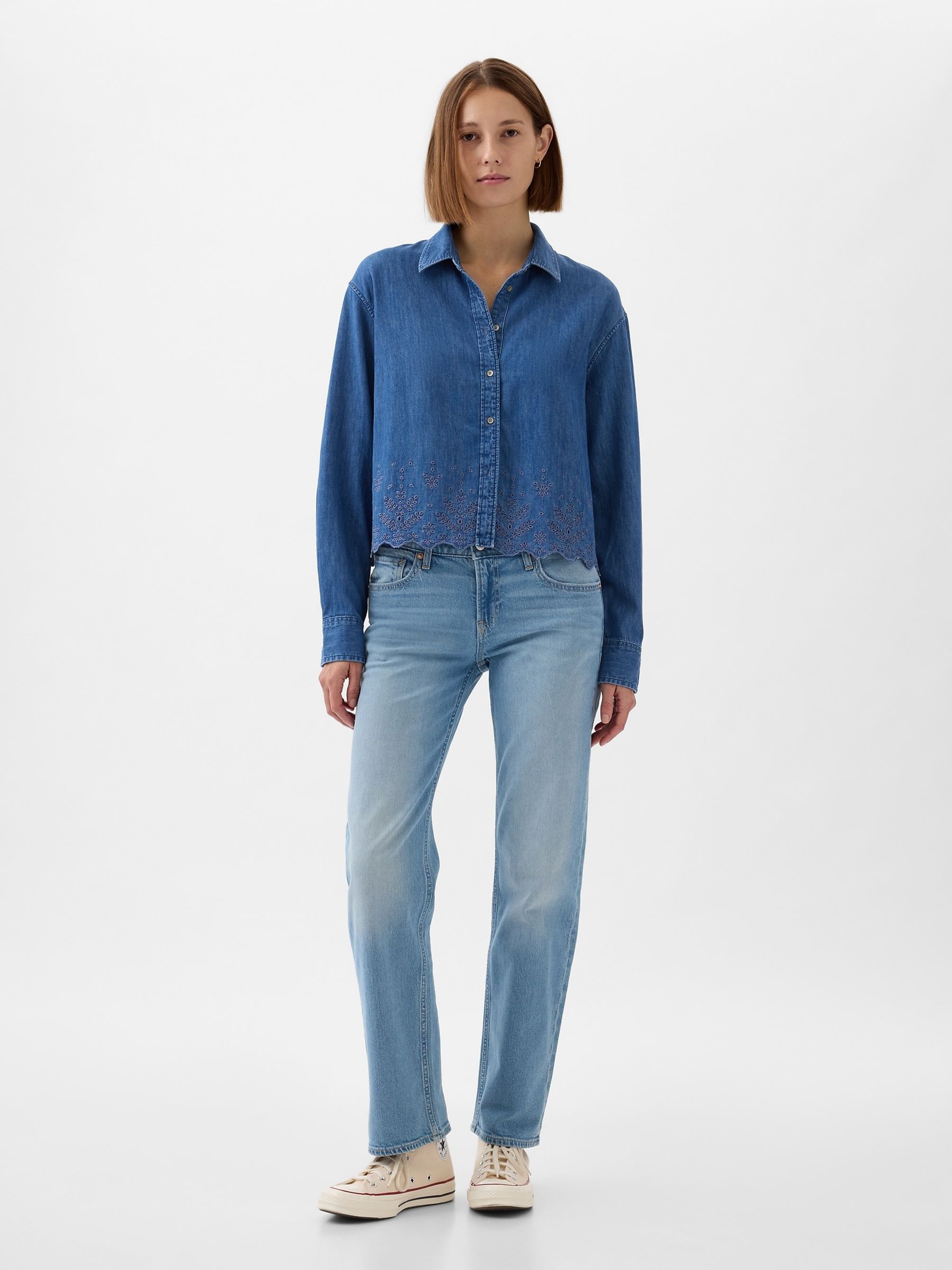 Blue Eyelet Cropped Denim Shirt - Image 3 of 4
