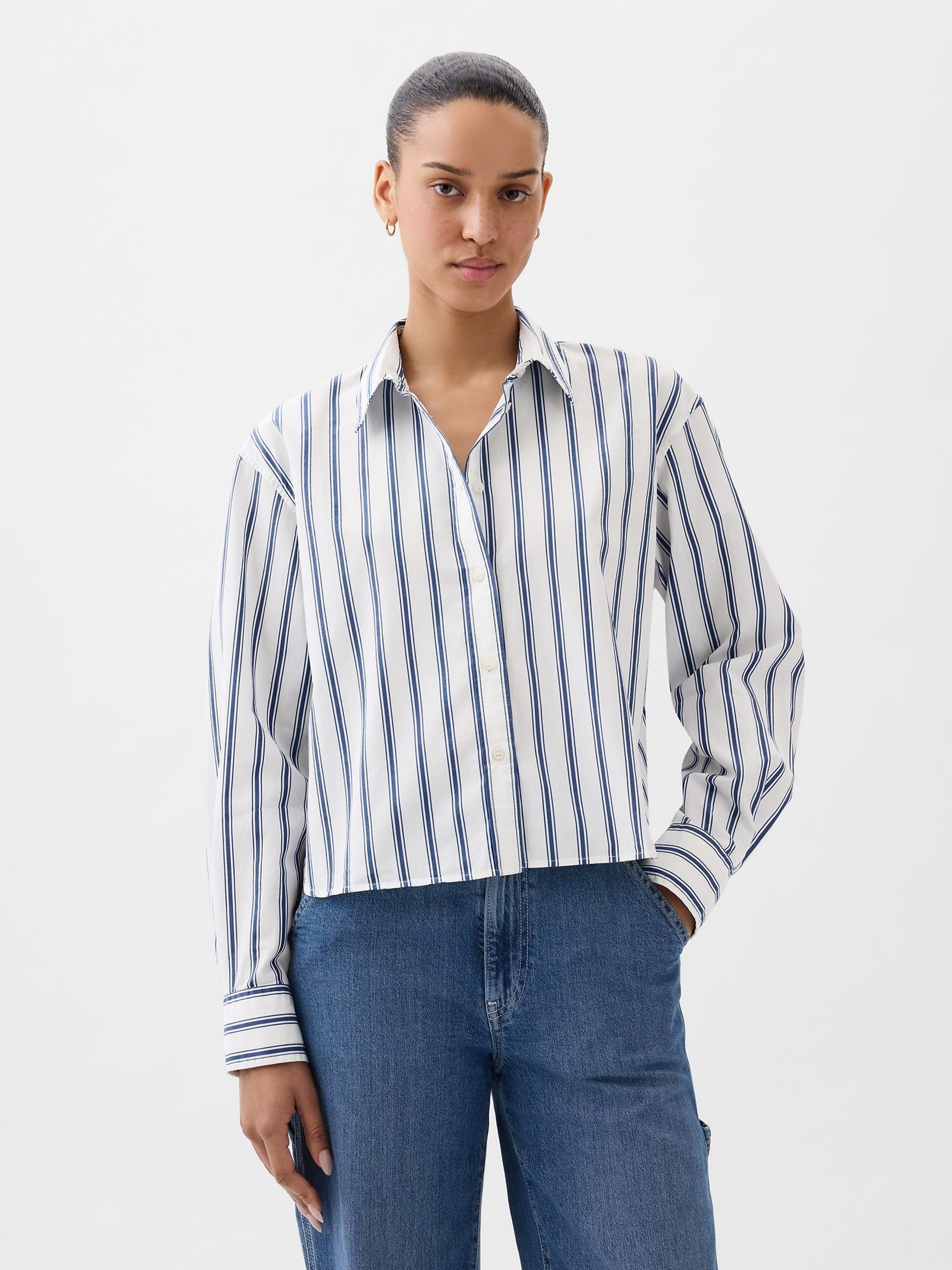 White Organic Cotton Cropped Stripe Shirt - Image 1 of 4