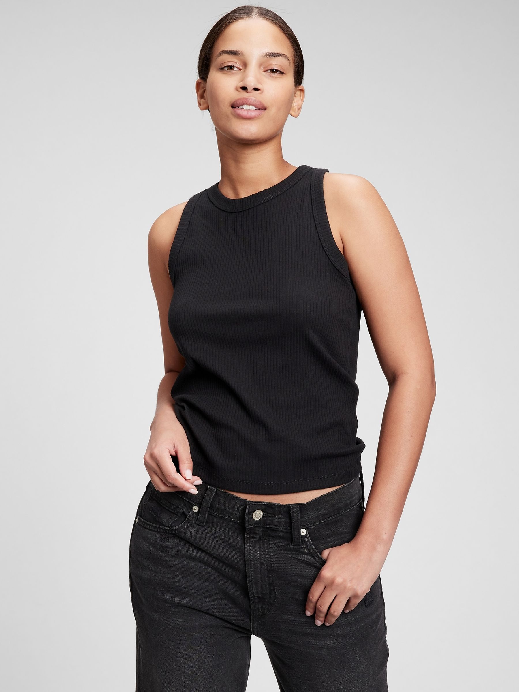 Black Ribbed Racer High Neck Vest Top - Image 1 of 3