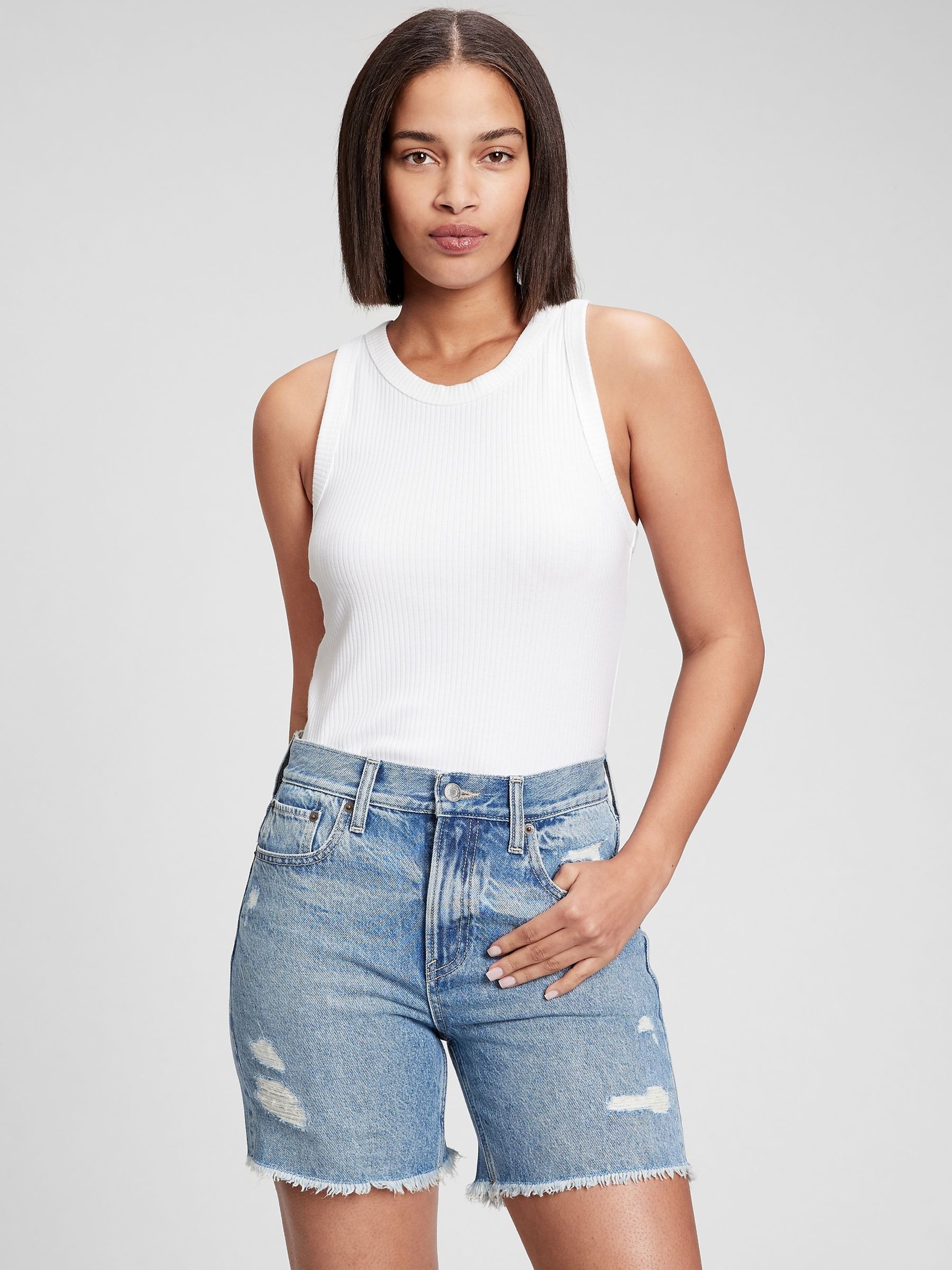 White Ribbed Racer High Neck Vest Top - Image 2 of 2