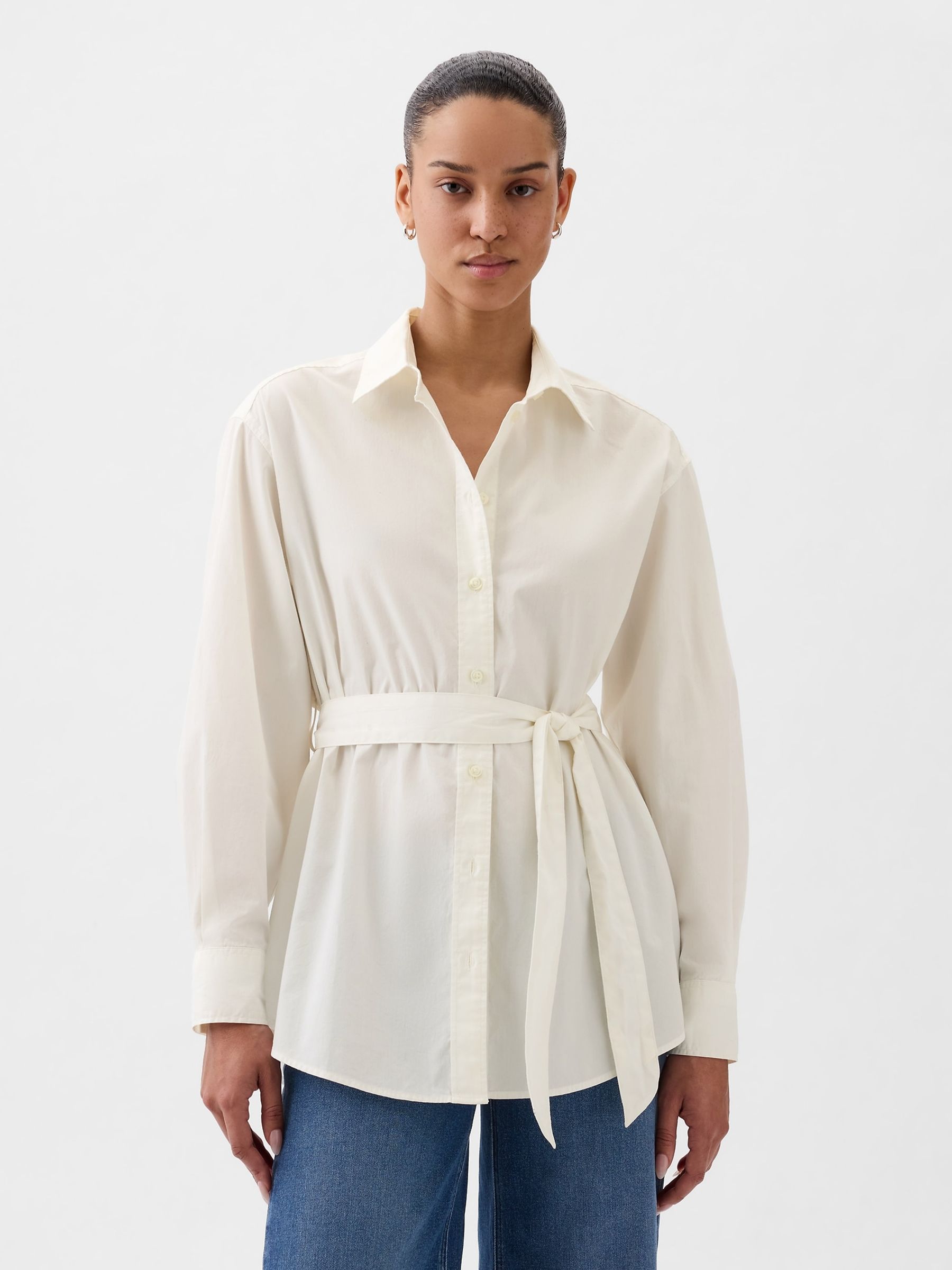 White Organic Cotton Belted Oversized Shirt - Image 1 of 4