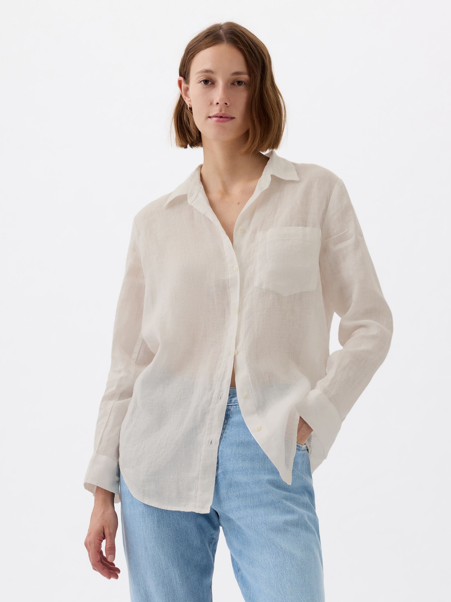 White 100% Linen Long Sleeve Oversized Shirt - Image 1 of 6