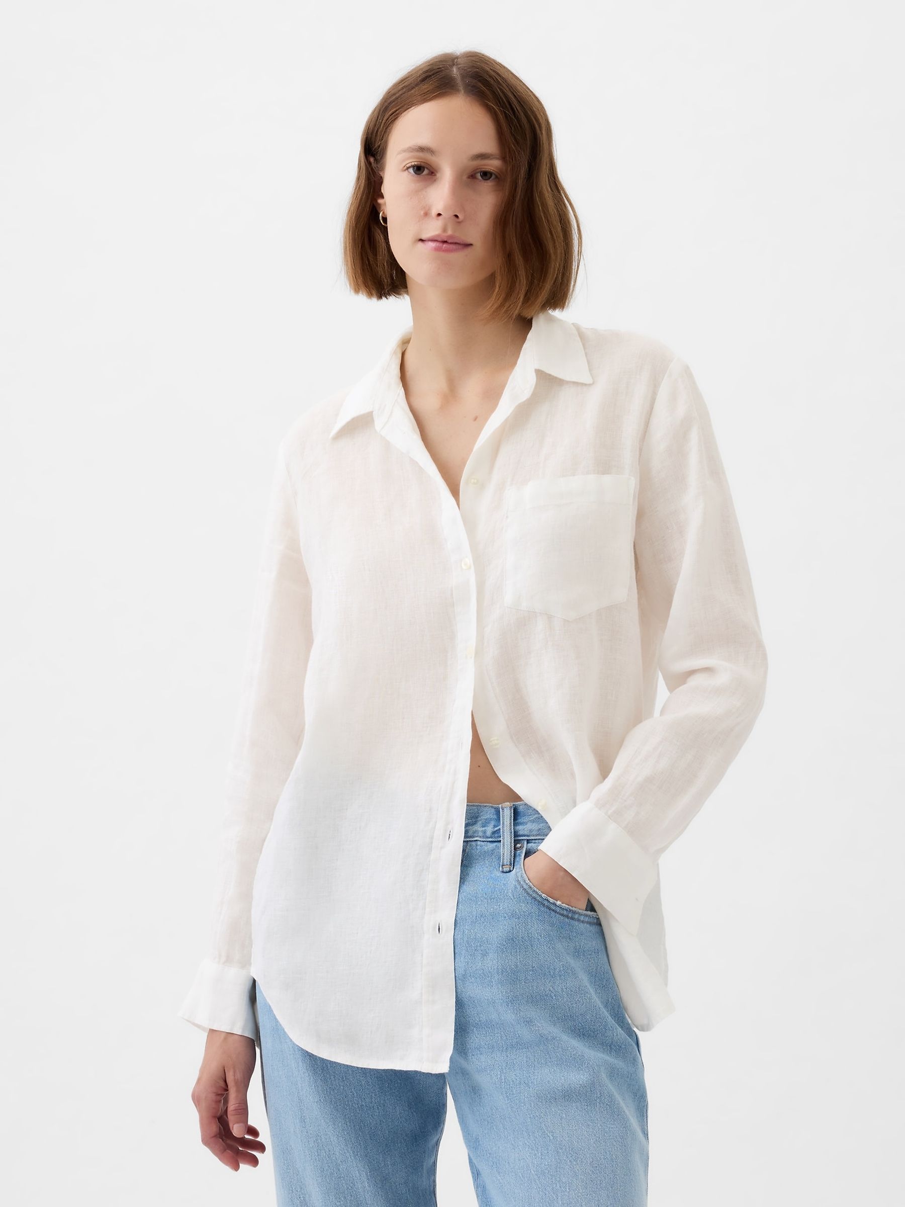 White 100% Linen Long Sleeve Oversized Shirt - Image 3 of 6