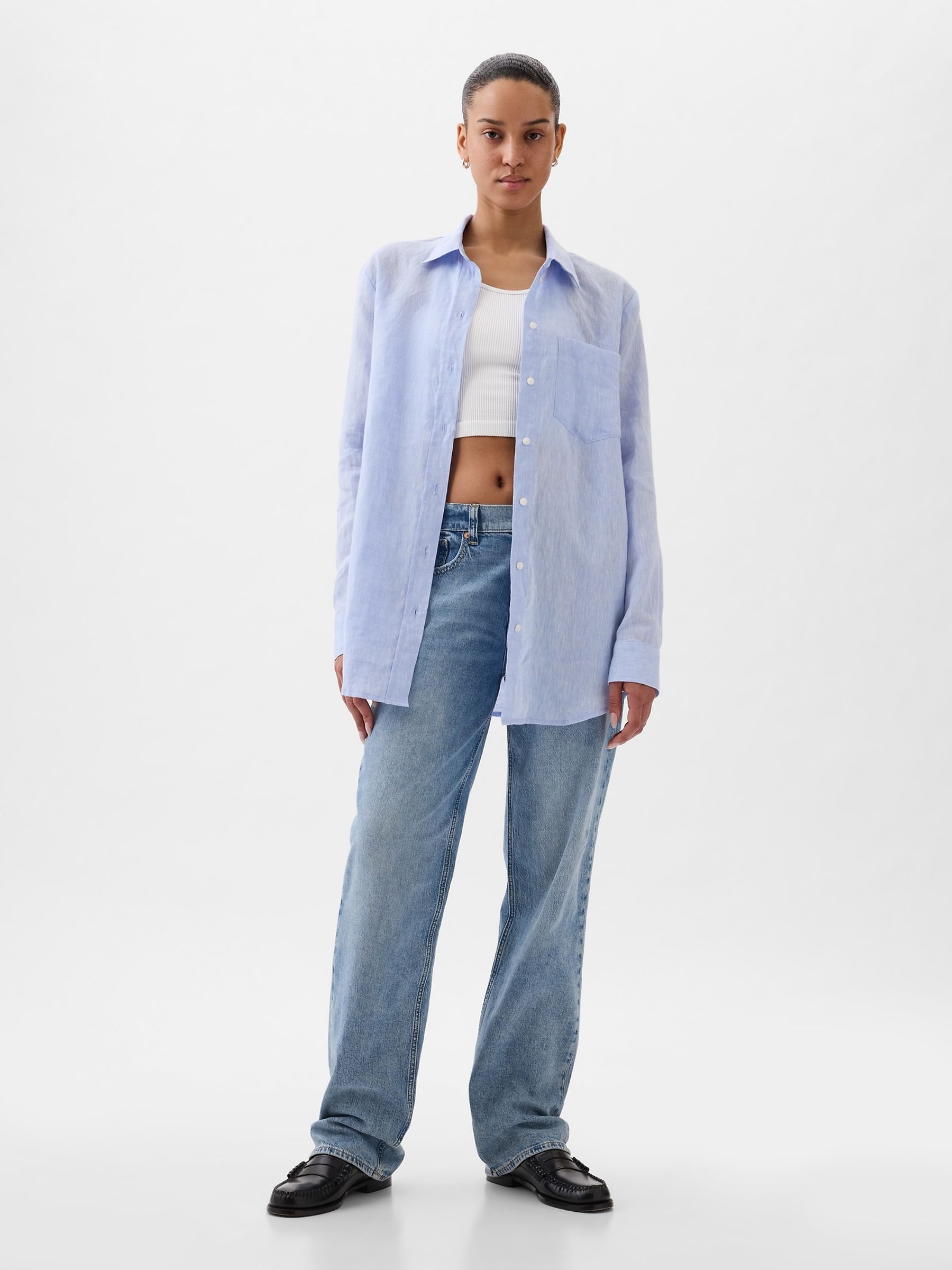 Blue 100% Linen Long Sleeve Oversized Shirt - Image 3 of 5