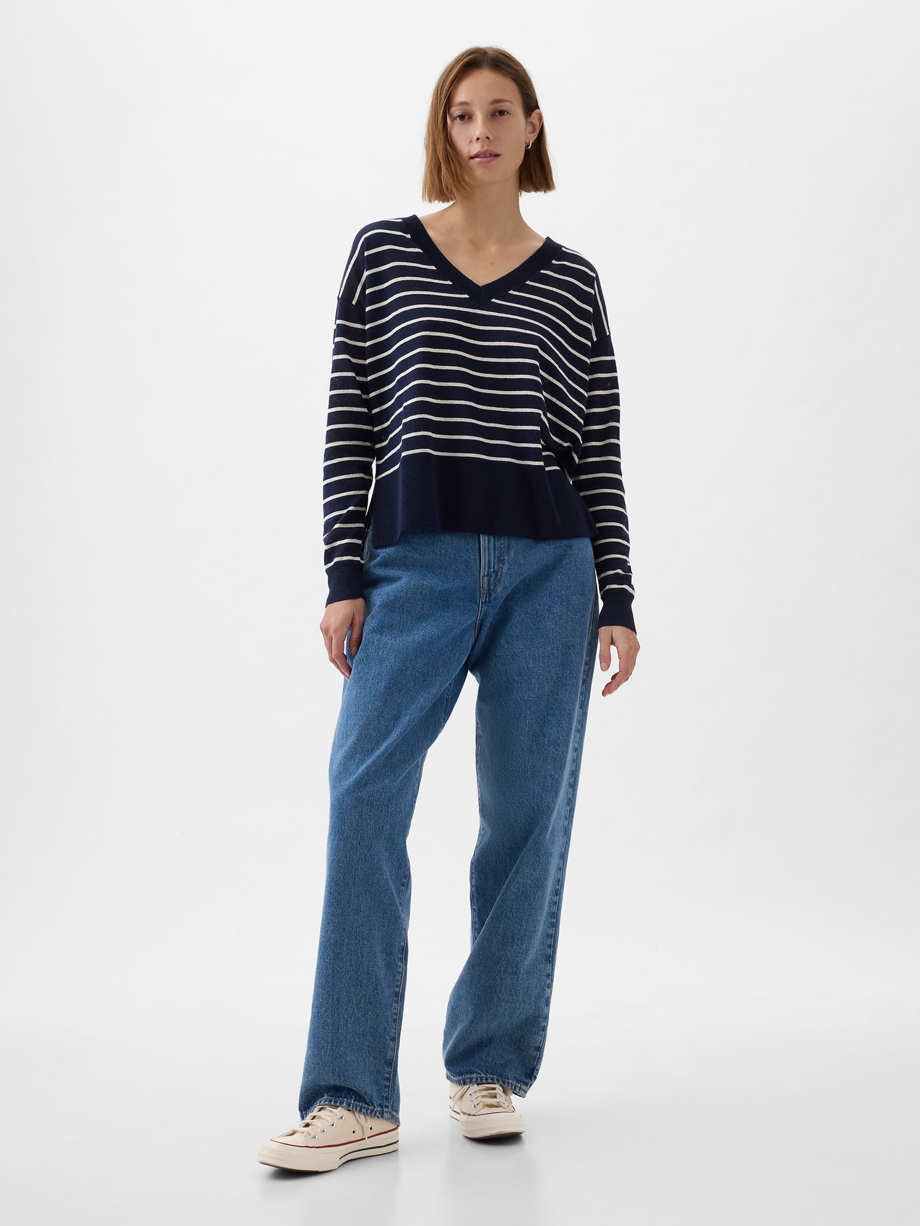 Navy/Blue Linen Blend V Neck Split Hem Jumper - Image 3 of 5