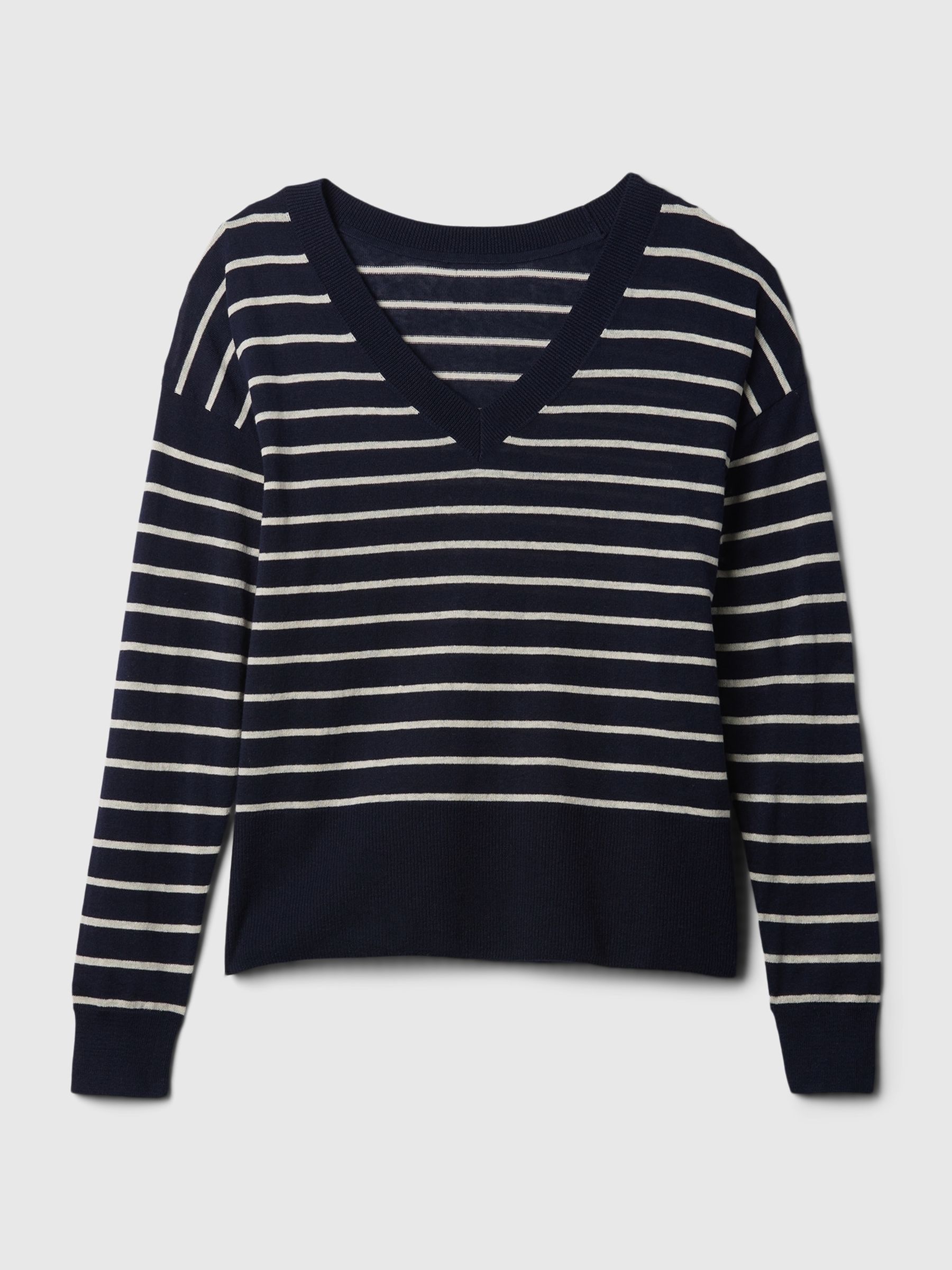 Navy/Blue Linen Blend V Neck Split Hem Jumper - Image 5 of 5