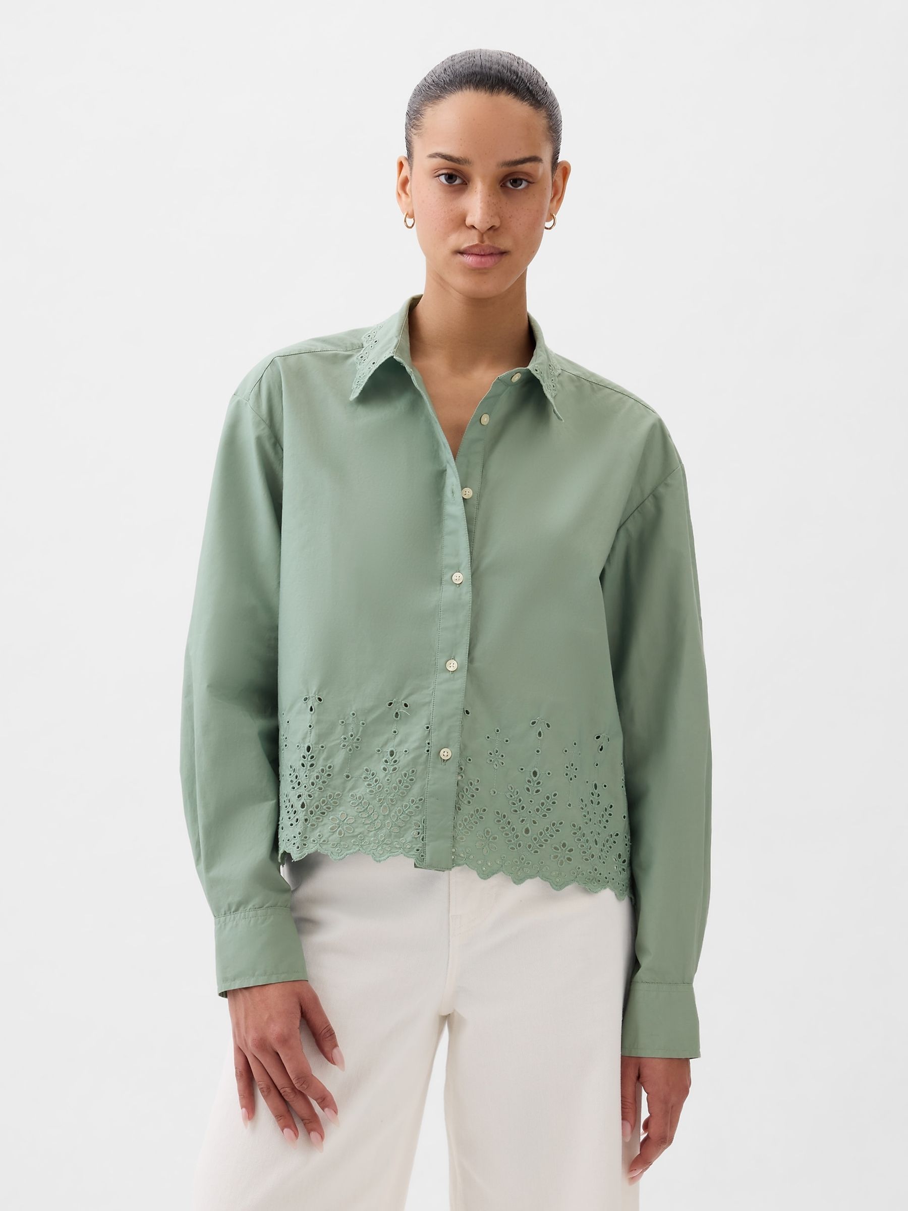 Green Scalloped Hem Eyelet Cropped Shirt - Image 1 of 1