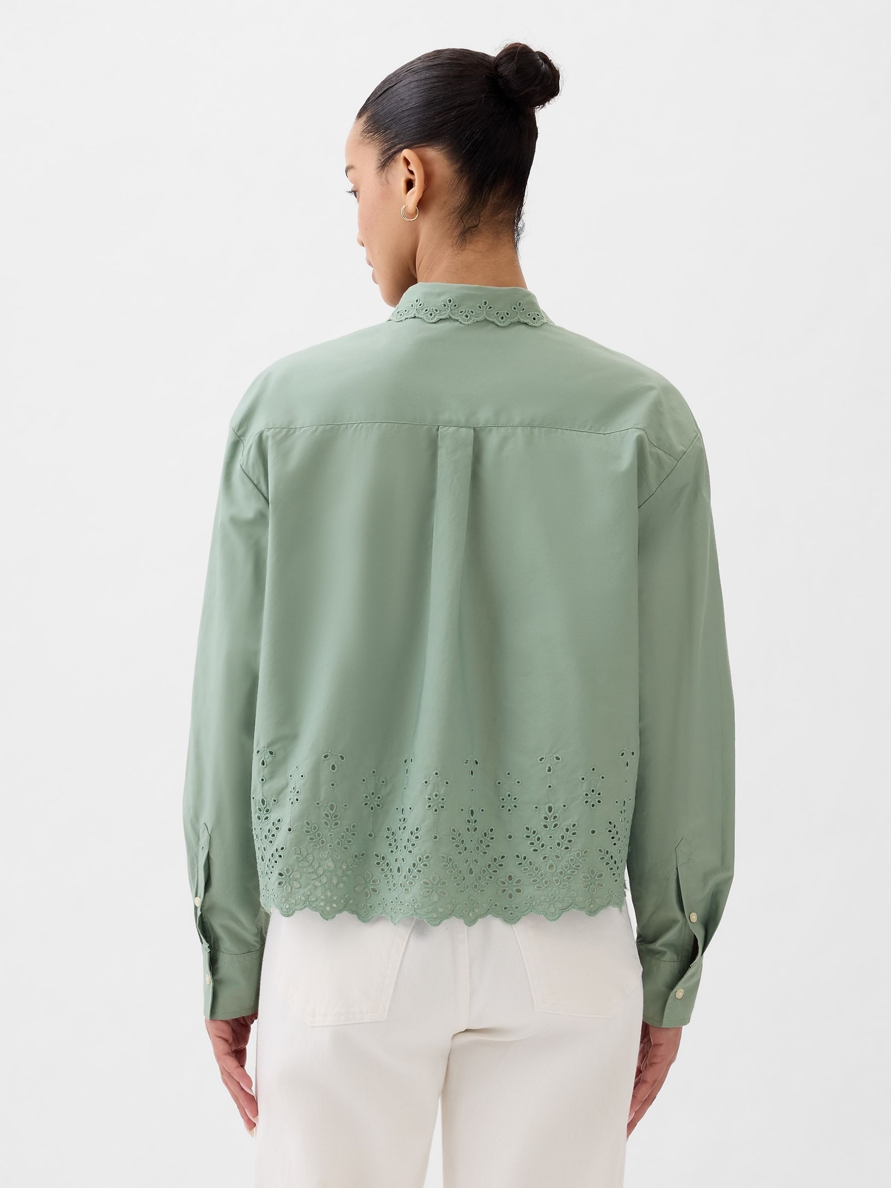 Green Scalloped Hem Eyelet Cropped Shirt - Image 2 of 4 Green Scalloped Hem Eyelet Cropped Shirt - Image 2 of 4