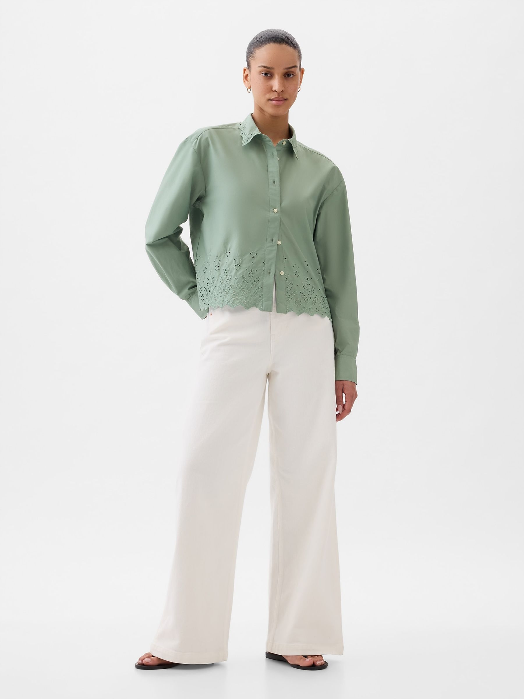 Green Scalloped Hem Eyelet Cropped Shirt - Image 3 of 4