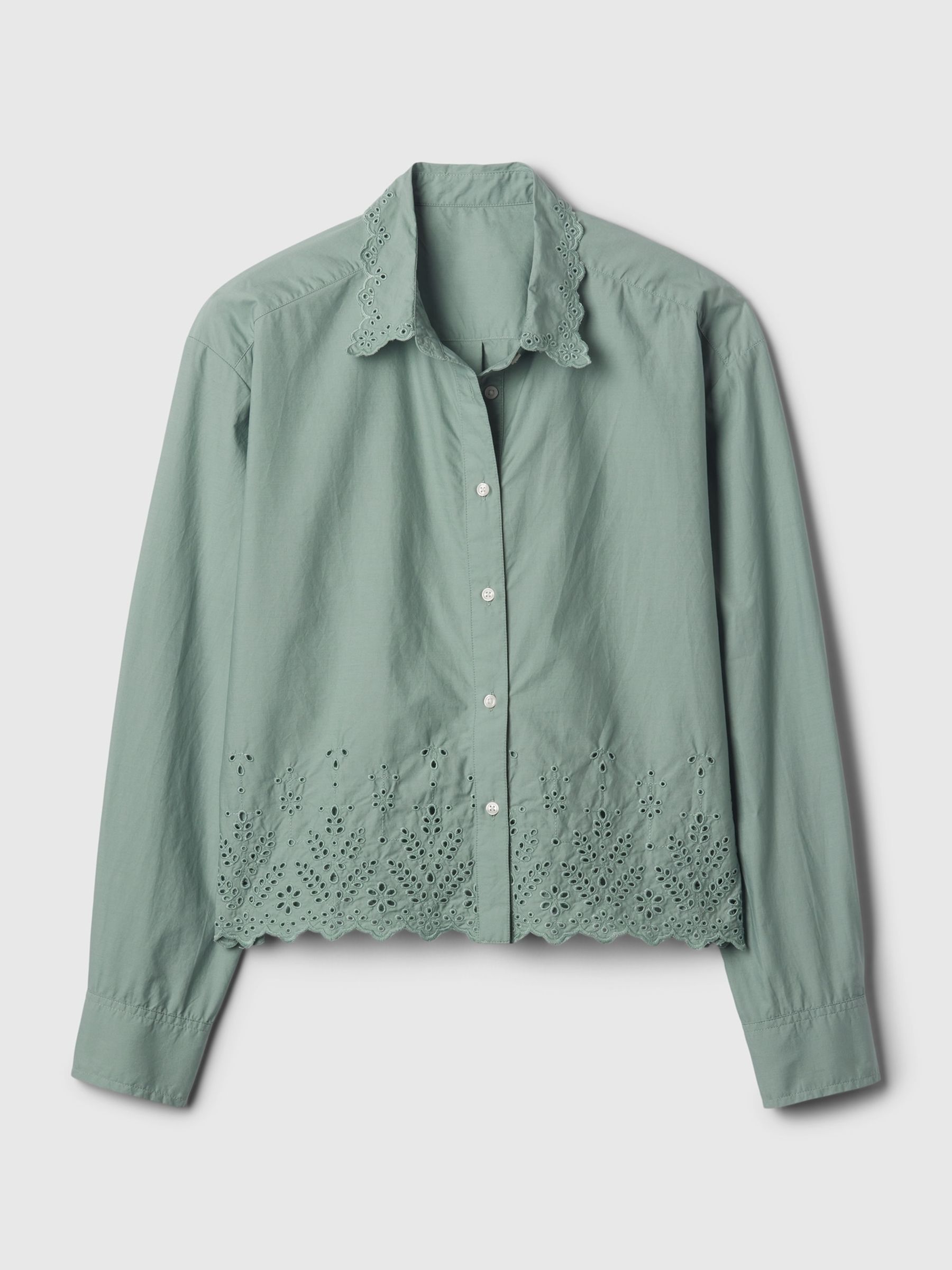 Green Scalloped Hem Eyelet Cropped Shirt - Image 4 of 4