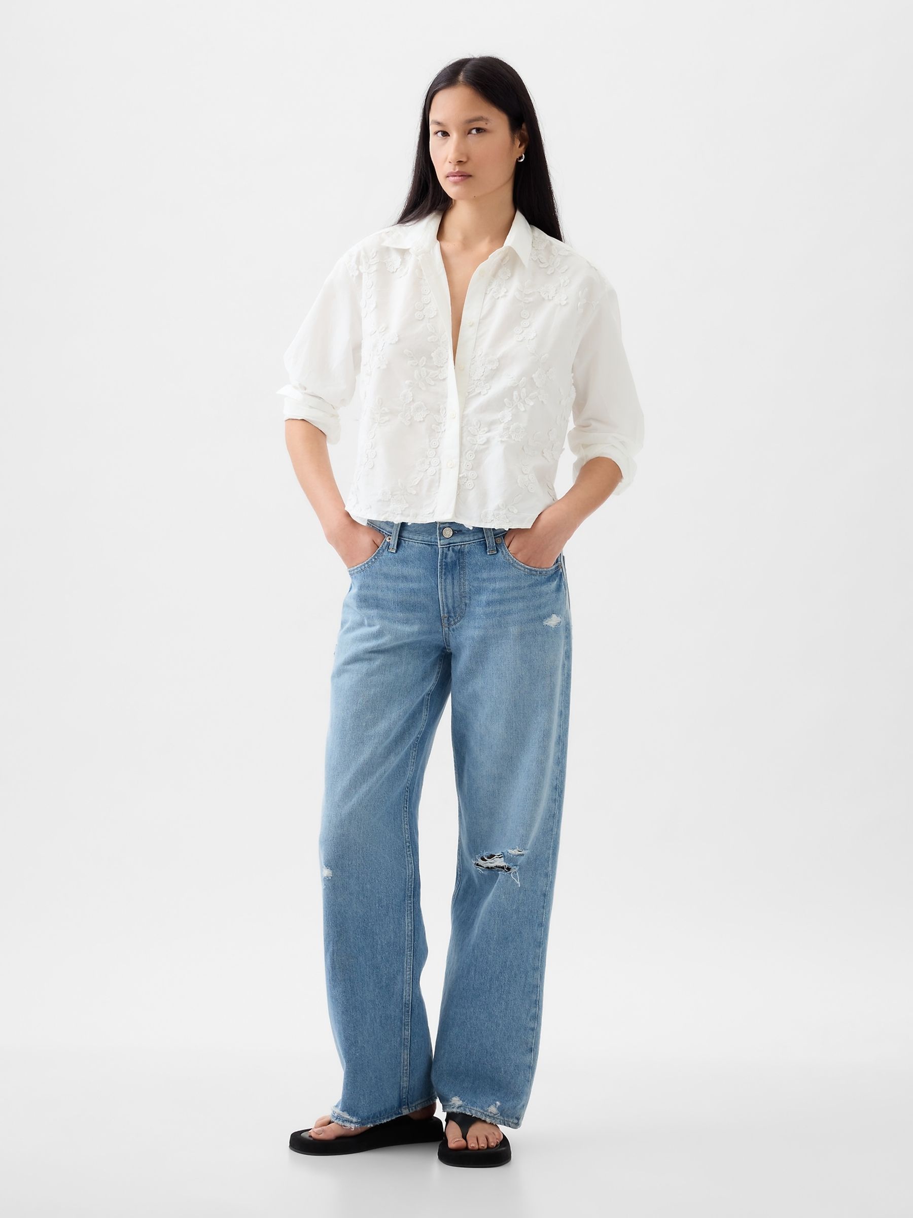 White Floral Embroidered Cropped Shirt - Image 3 of 5