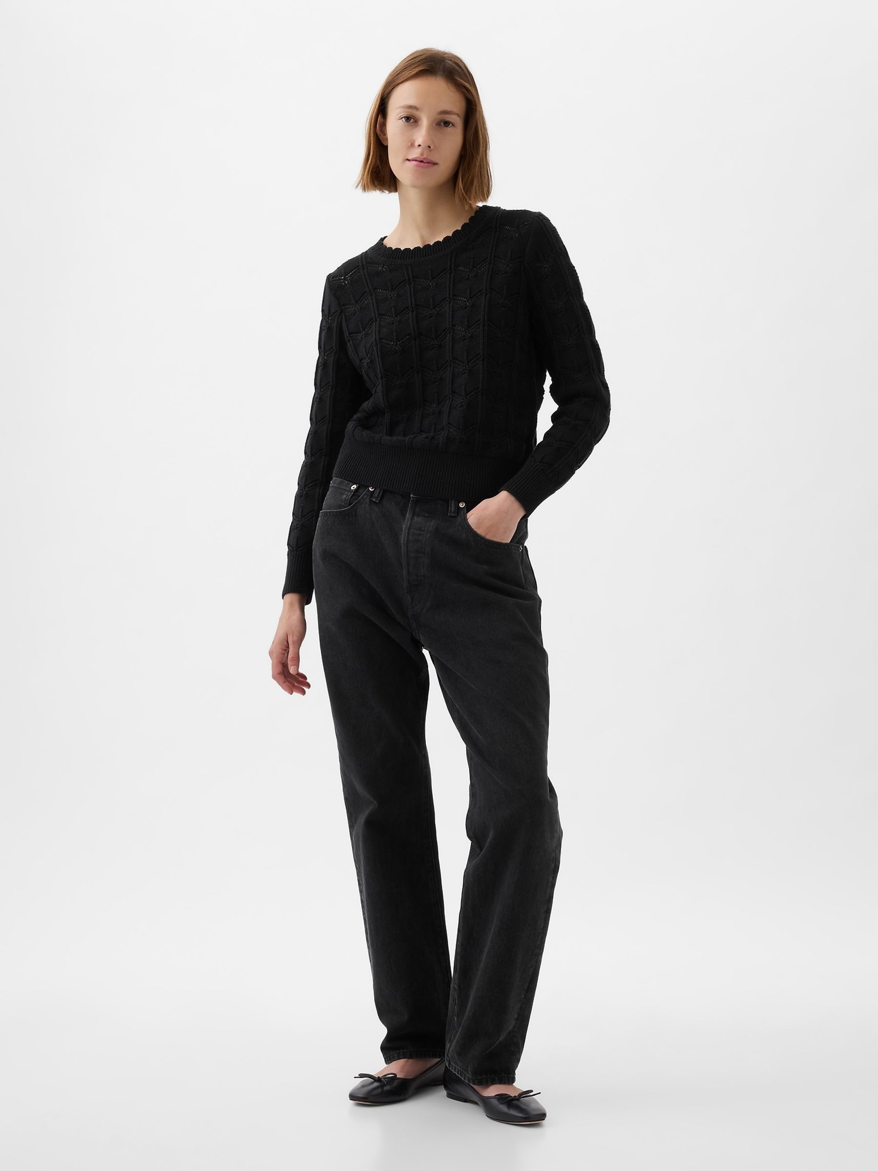 Black Pointelle Crew Neck Long Sleeve Jumper - Image 1 of 1