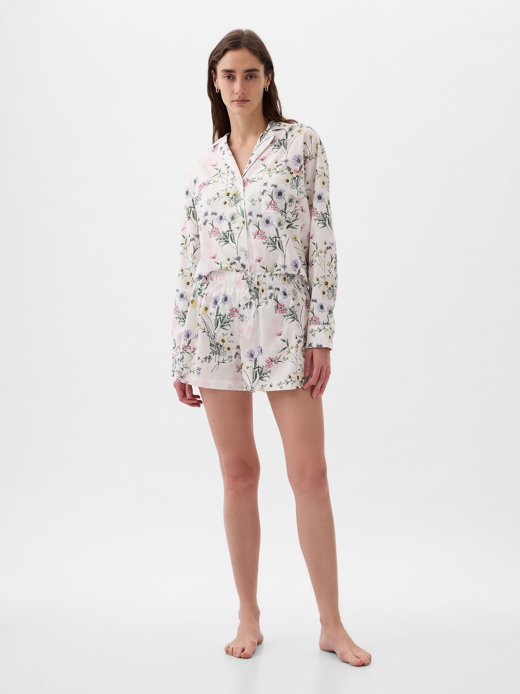 White Floral Poplin Pyjama Shorts - Image 1 of 3
