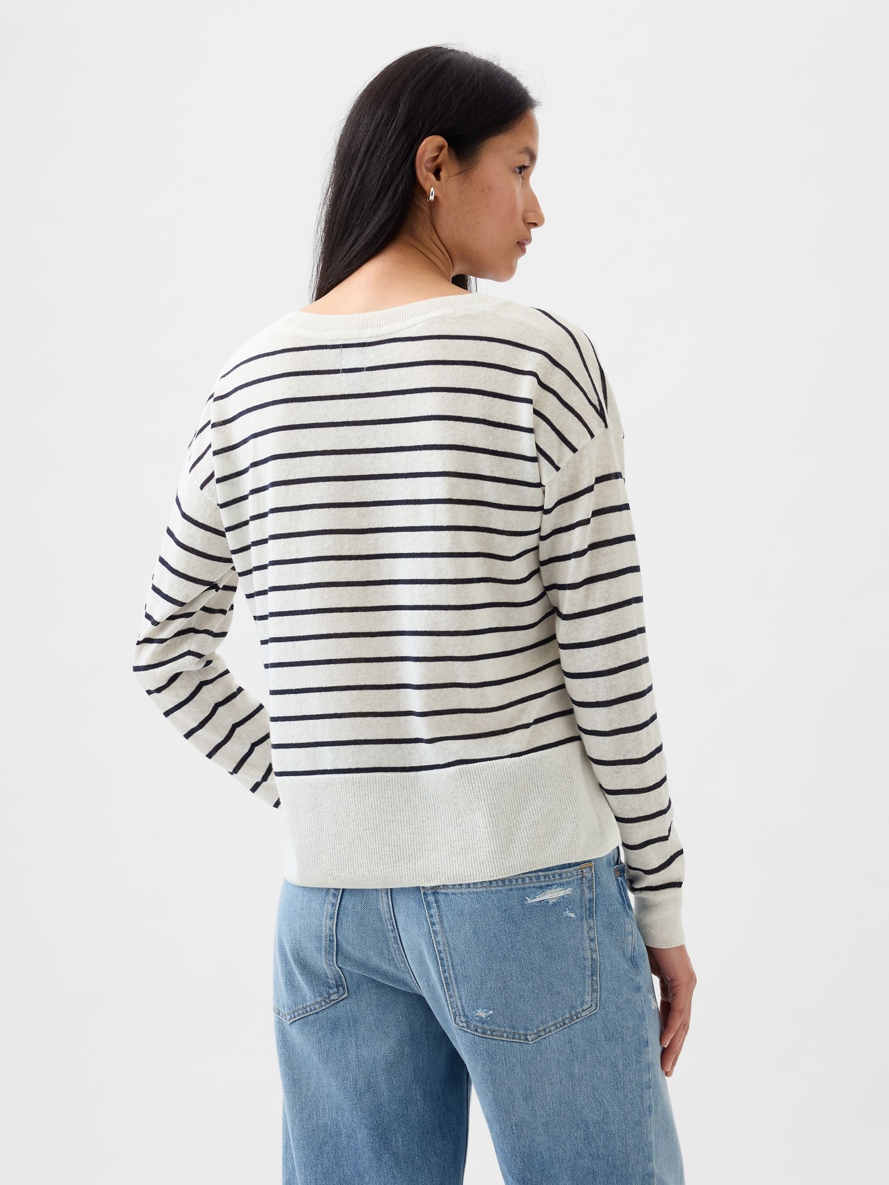Black/White Linen Blend V Neck Split Hem Jumper - Image 2 of 5