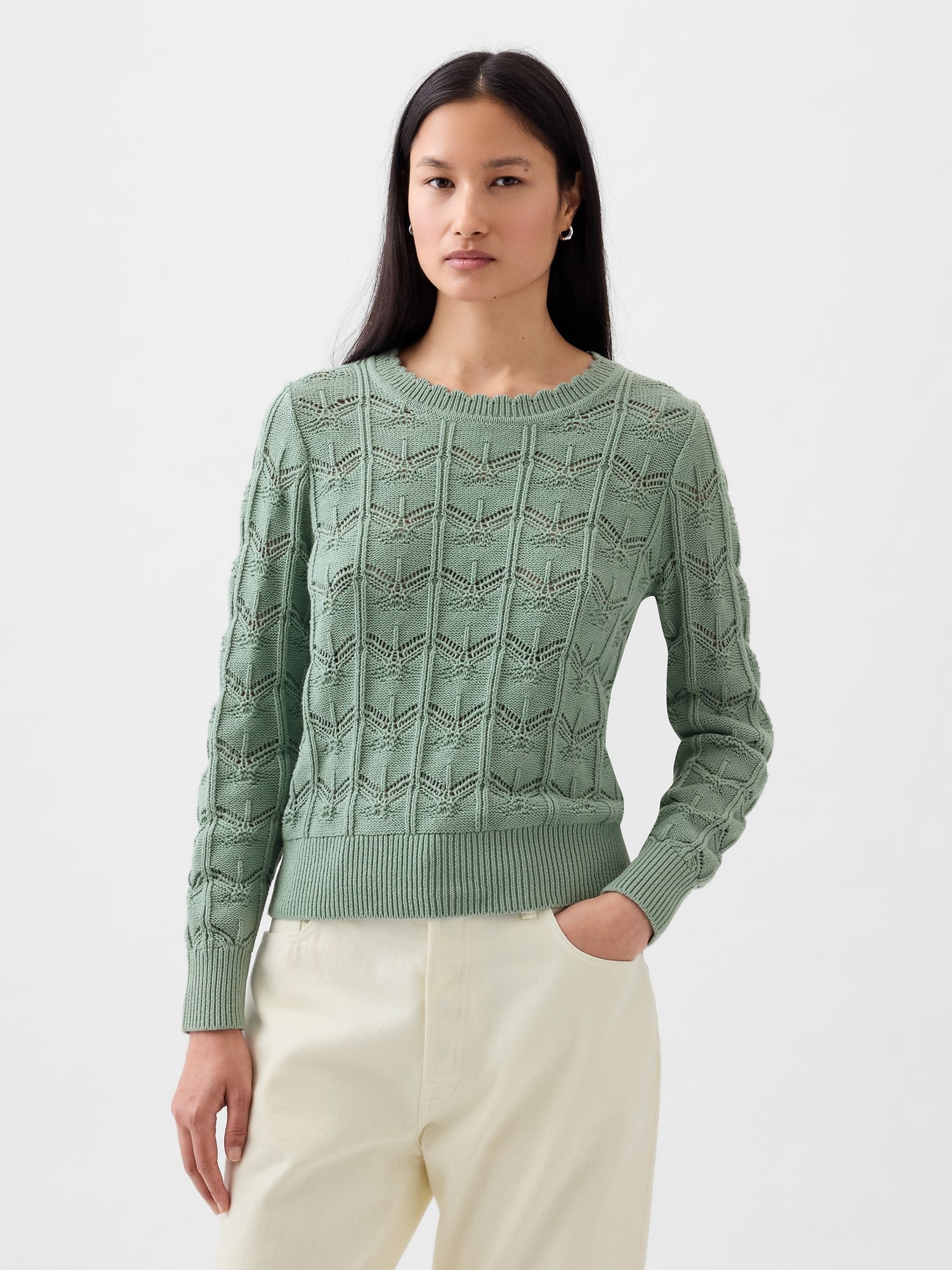 Green Pointelle Crew Neck Long Sleeve Jumper - Image 1 of 5
